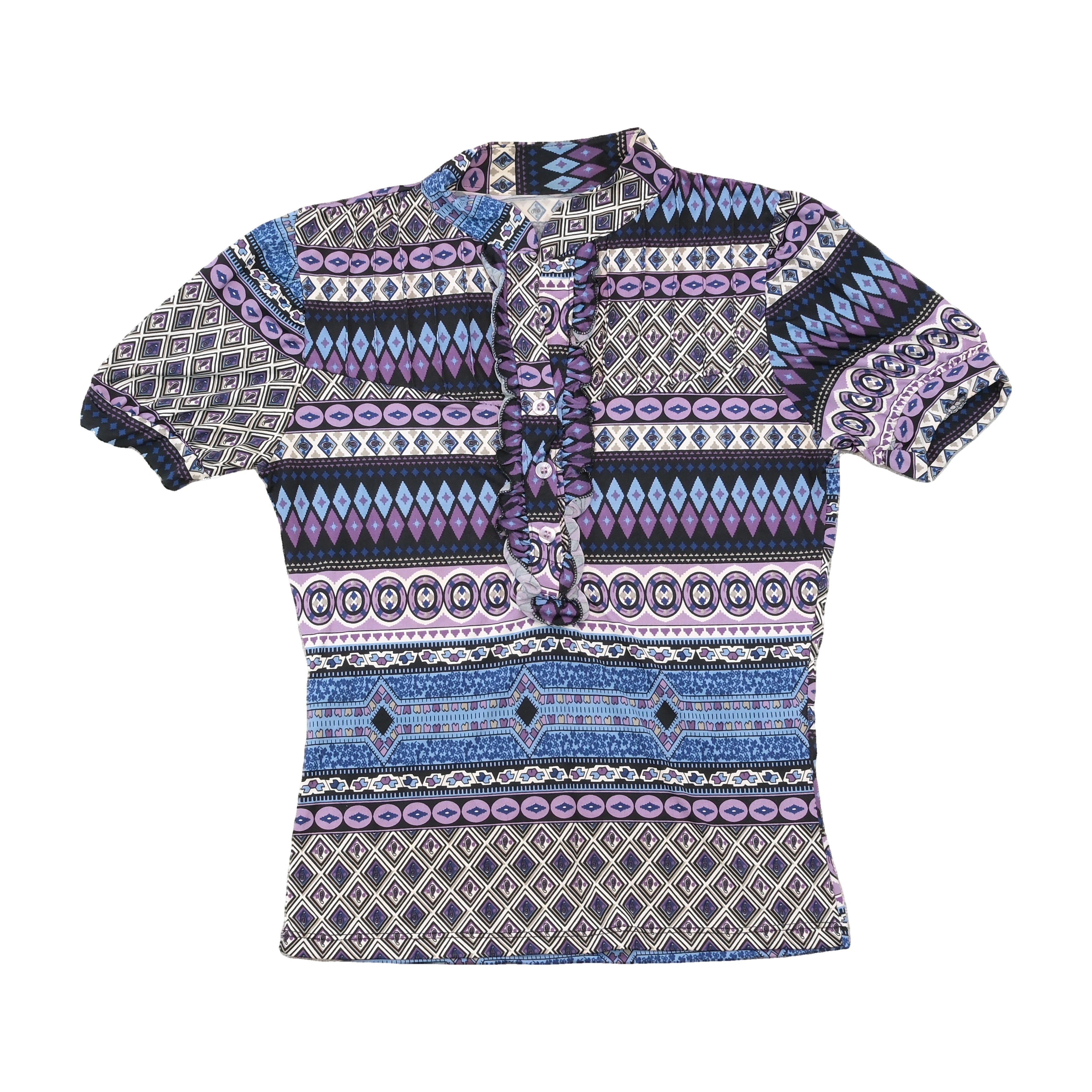 Vintage Geometric Ruffle Front Blouse