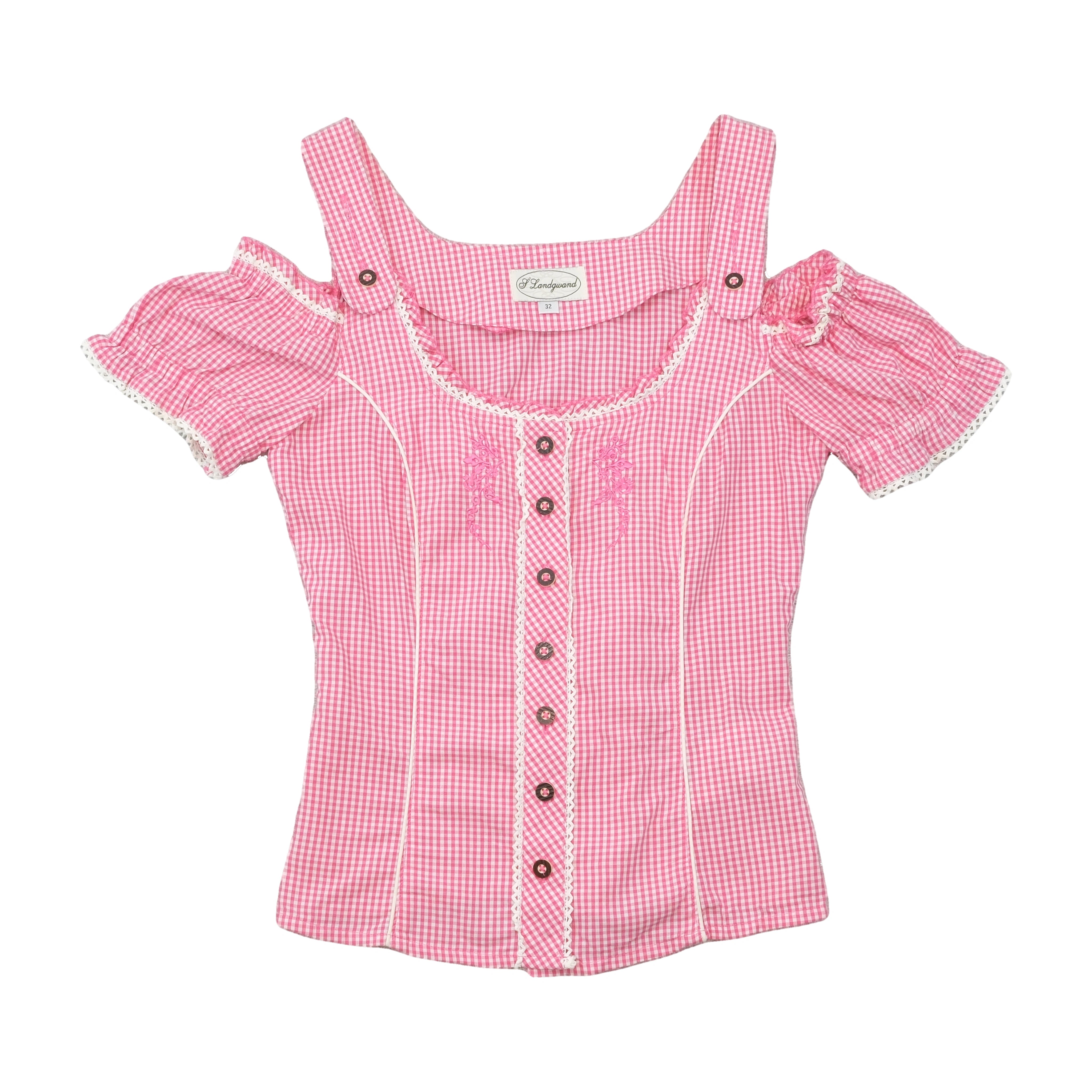 Blusa Landgewand em algodão Bordado rosa com xadrez Vichy e Acabamento em renda