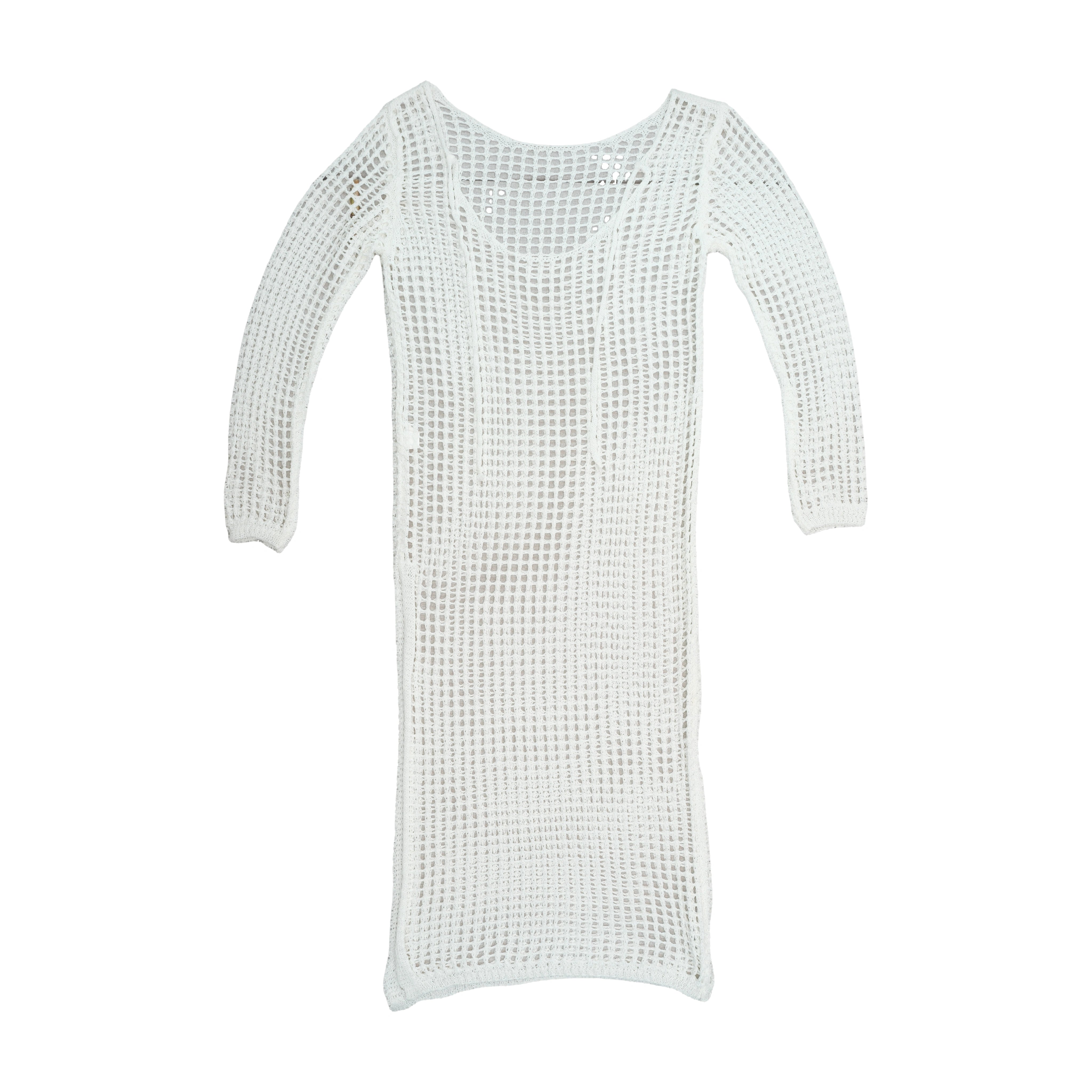 Vintage Open-Knit Grid Pattern Long-Sleeve Midi Dress
