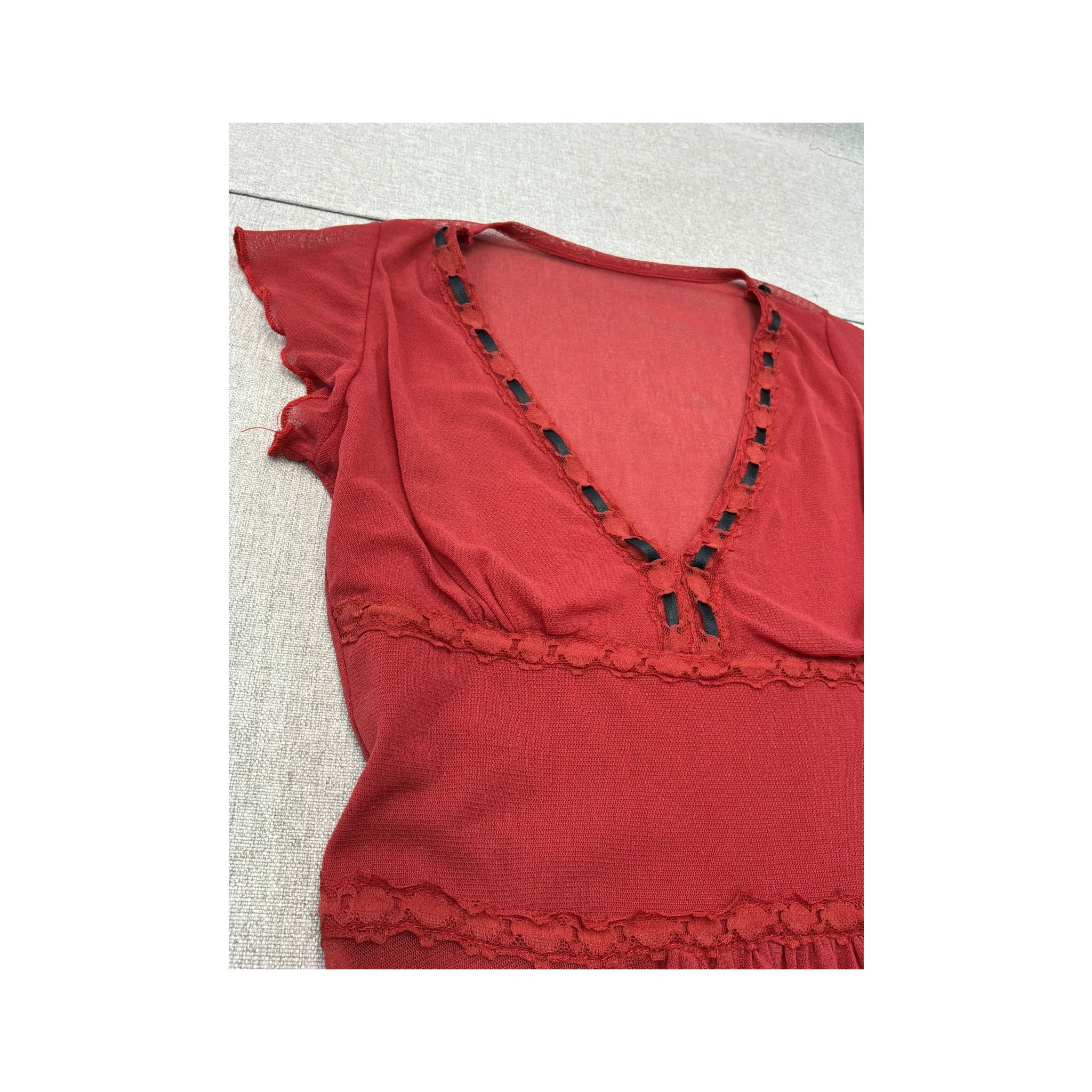 Sheer Ribbon Trim Ruffle Sleeve Blouse