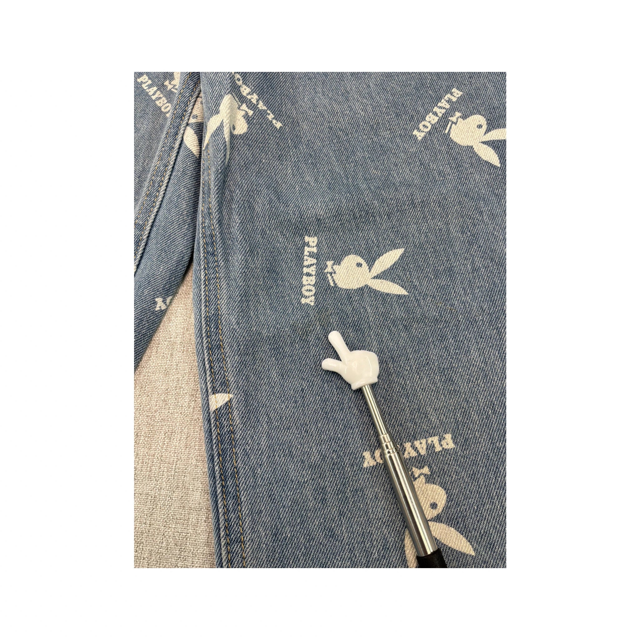 Playboy Allover Bunny Logo Print Wide Leg Denim Jeans