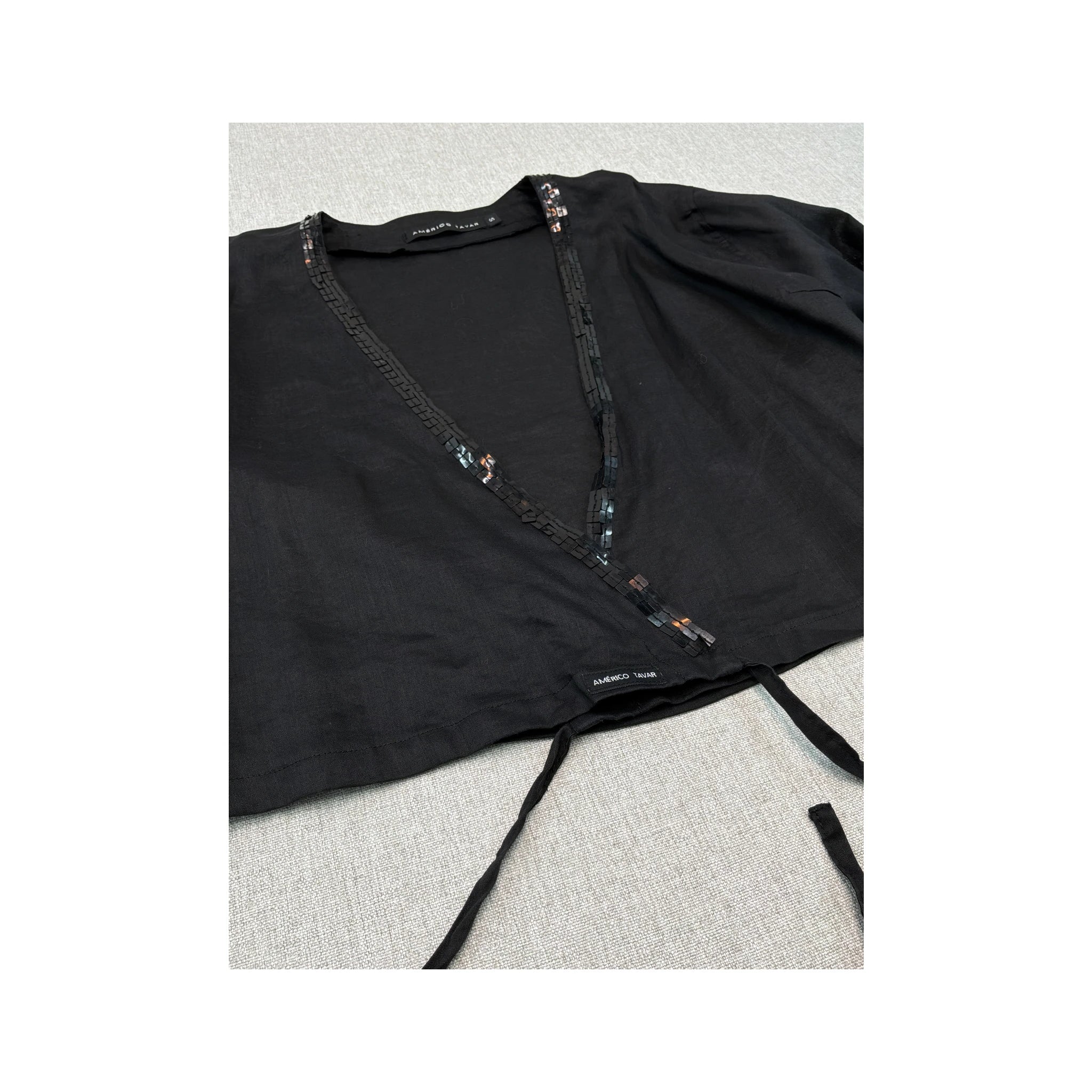 Americo Tavar Embellished V-Neck Tie Front Cropped Blouse