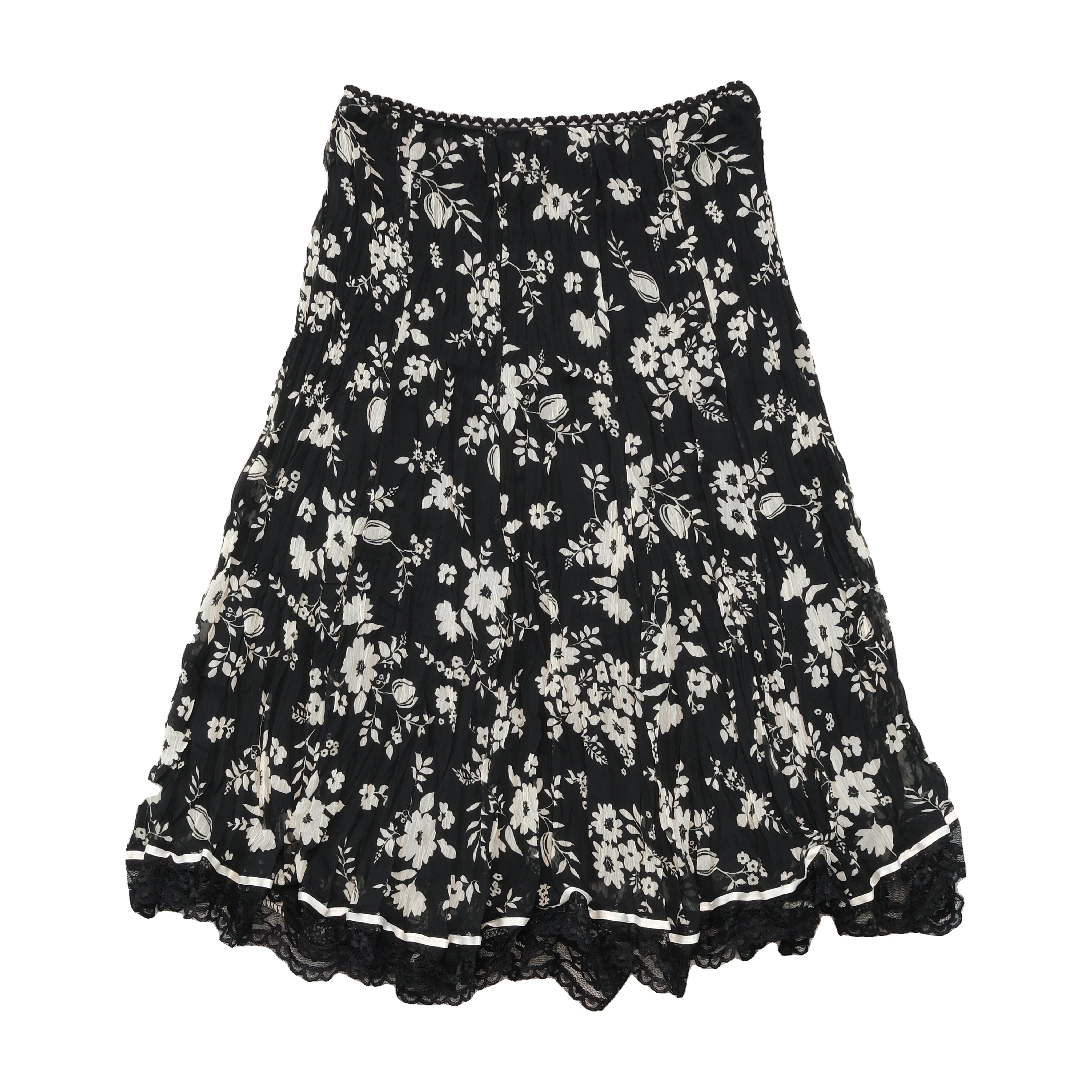 Woman Floral Crinkle Lace Hem Skirt