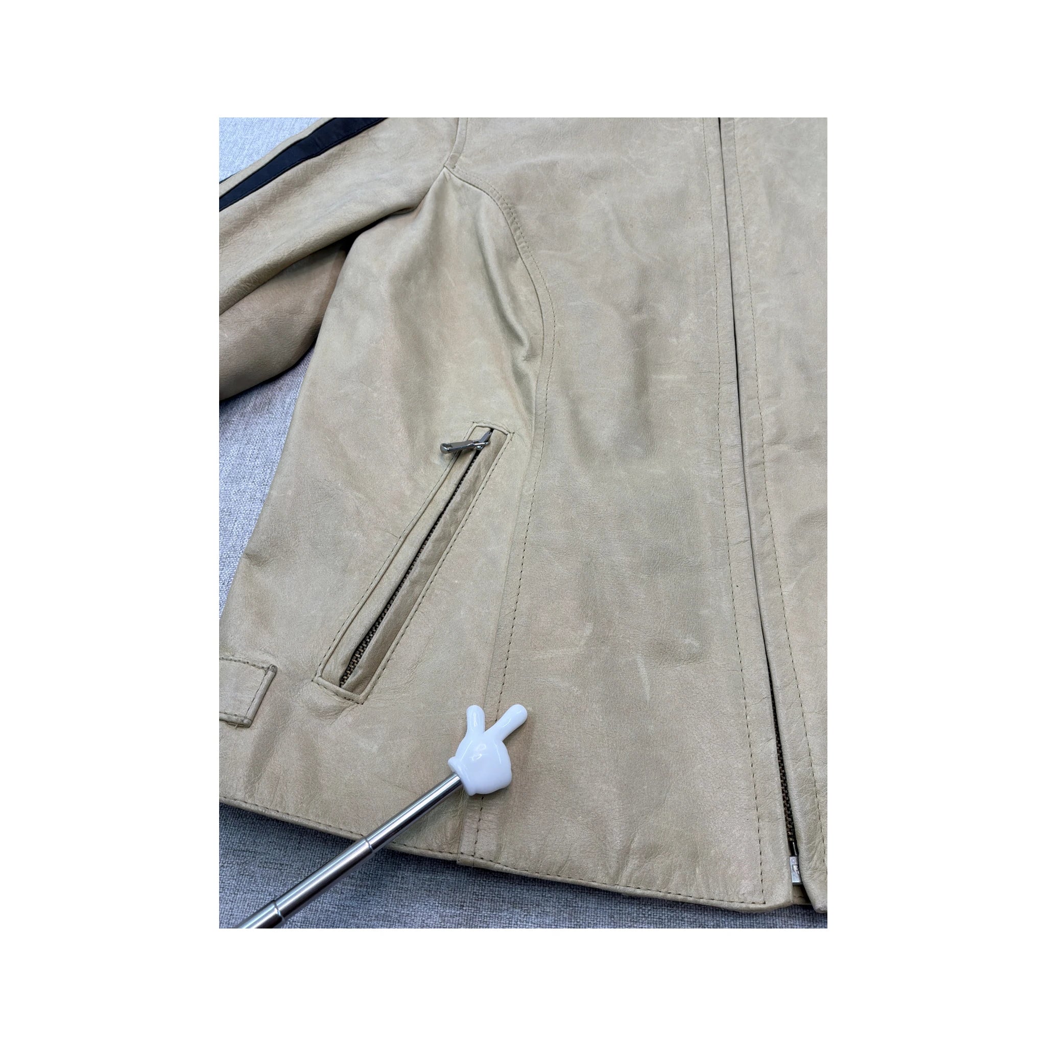 Vintage Beige Leather Moto Jacket with Black Racing Stripes