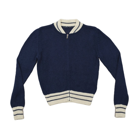 Vintage Full-Zip Knit Sweater Varsity Stripe Navy