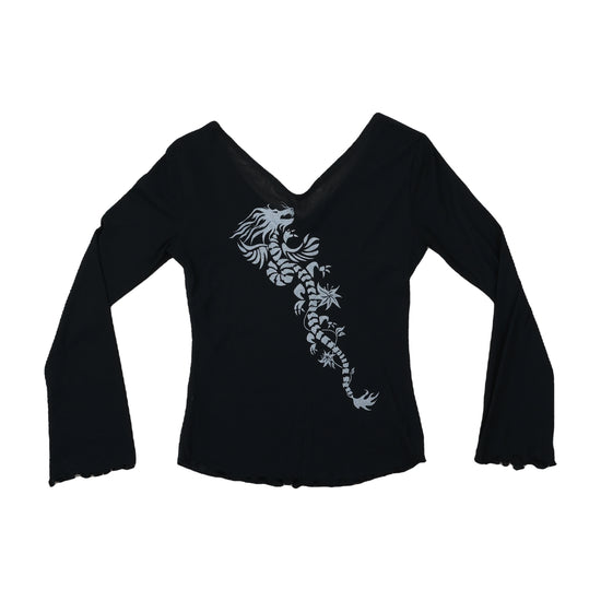 Vintage Y2K Bell Sleeve Dragon Print Sweater Black