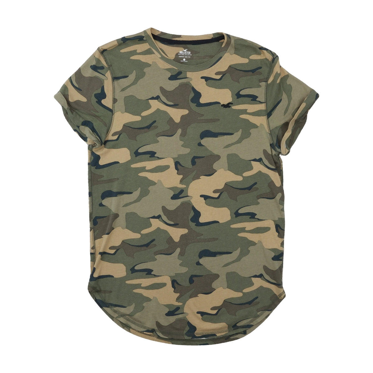 Hollister Curved Hem T-Shirt Woodland Camo Green M