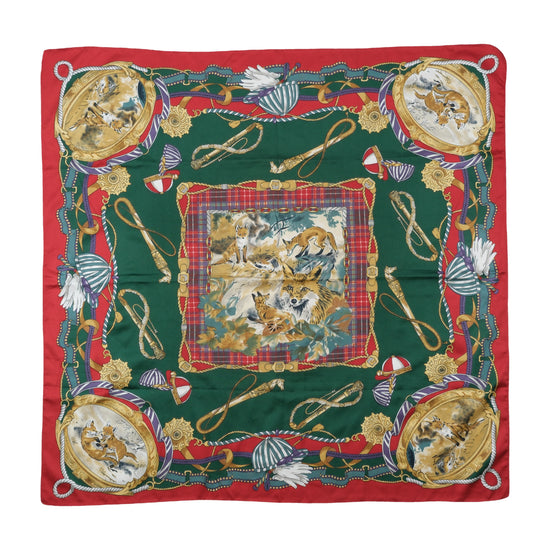Vintage Equestrian Print Silk Square Scarf Green
