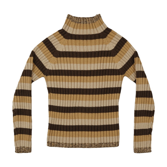 Vintage Striped Ribbed Turtleneck Sweater Brown