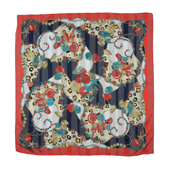 Vintage Square Scarf Seashell Print Red One Size