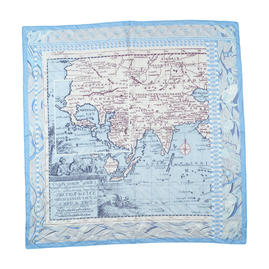 Vintage Map Print Square Scarf Sky Blue Cream