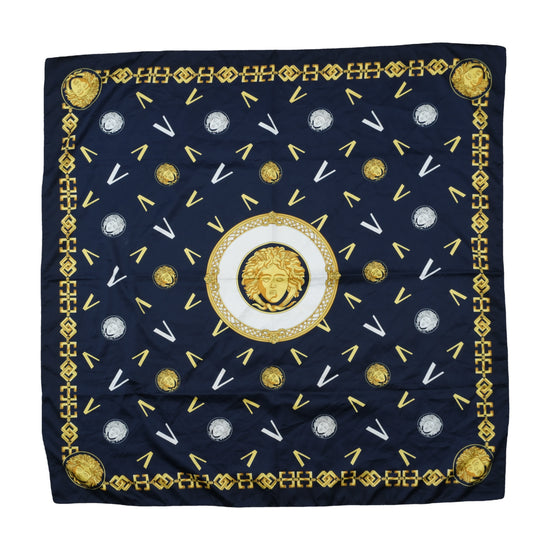 Vintage 1990s Medusa Medallion Navy Silk-Feel Square Scarf