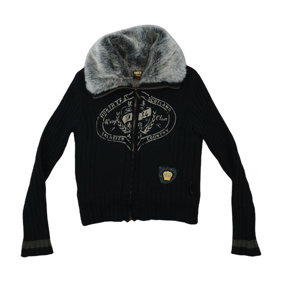 Onyx Jeans Lambswool Cardigan Faux-Fur Collar Black M
