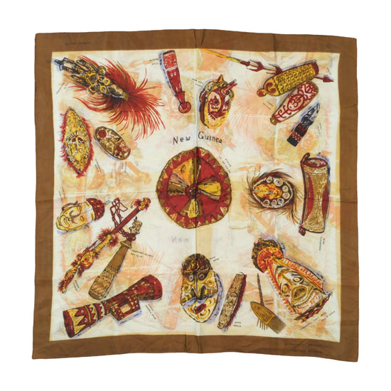 Vintage New Guinea Illustrated Souvenir Scarf Brown