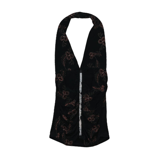 Marina Halter Tank Top Black Mesh Embroidered Y2K