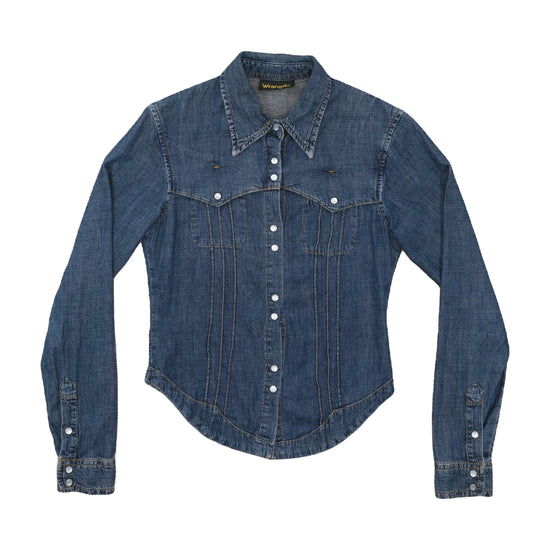 Wrangler Western Pearl Snap Denim Shirt Medium Wash Blue