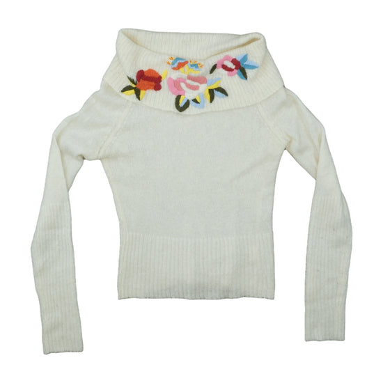 Esisto Cropped Turtleneck Sweater Floral Embroidery White M