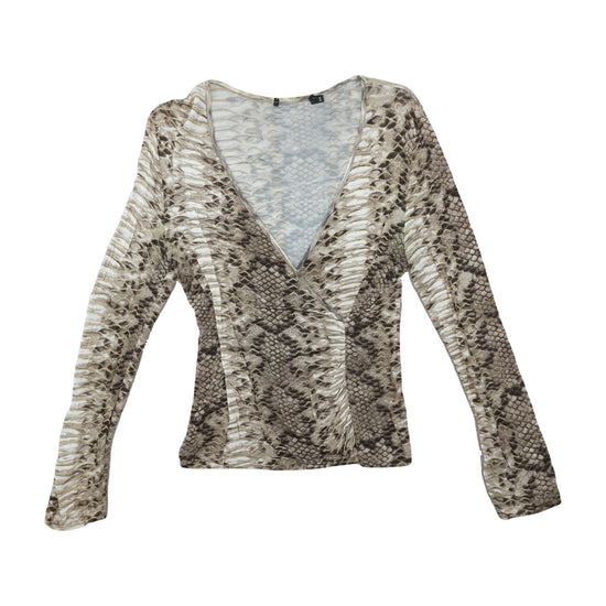 Vintage Y2K Snakeskin Print Mesh Long-Sleeve Top Beige L