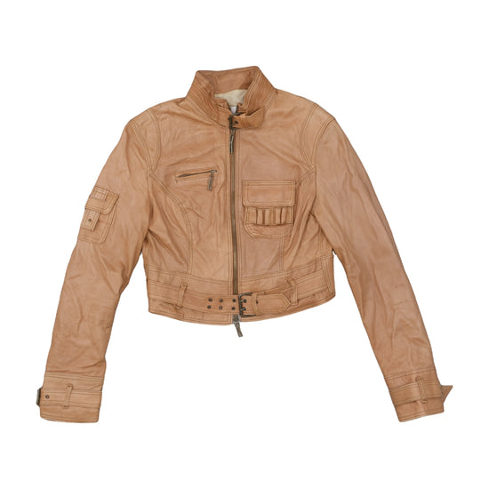 KOR&KOR Cropped Leather Moto Jacket Camel Brown L