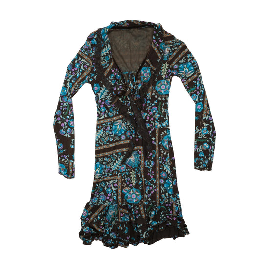 Vintage Y2K Floral Paisley Ruffle Dress Brown