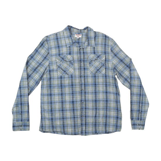 True Religion Brand Jeans Plaid Shirt Blue Olive Check XL