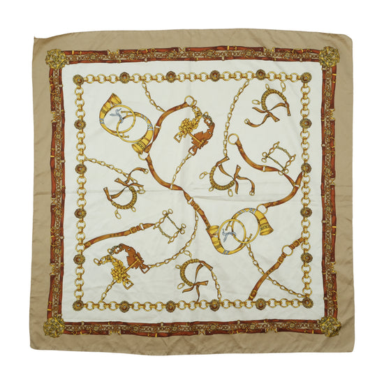 Vintage Equestrian Chain Print Square Scarf Beige