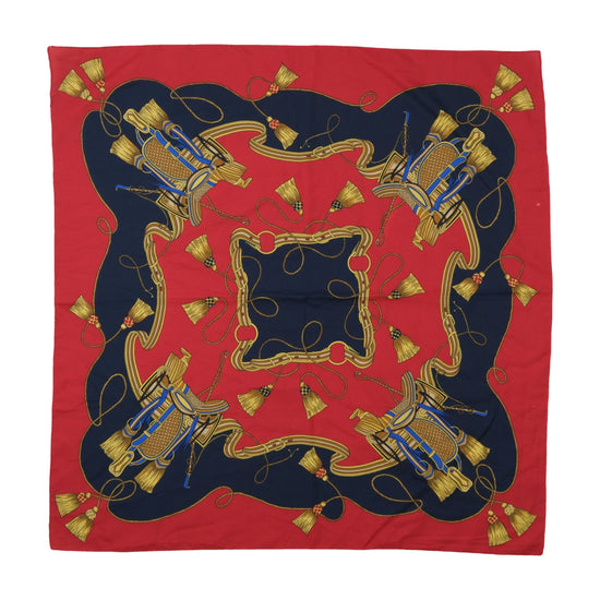 Vintage Equestrian Tassel Print Scarf Red Navy Gold