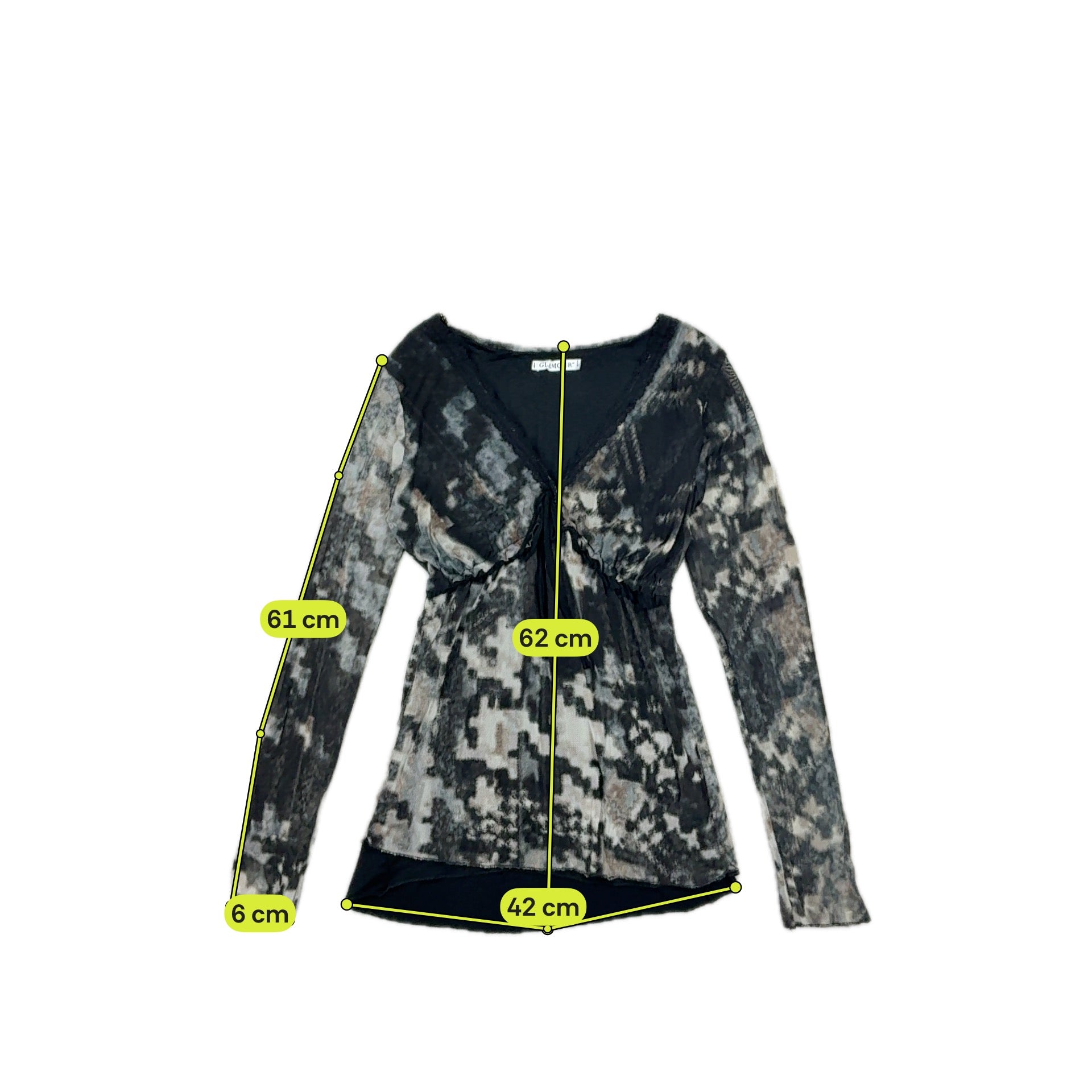 Blusa Transparente Glamour Franzida com Nó à Frente e estampado abstrato