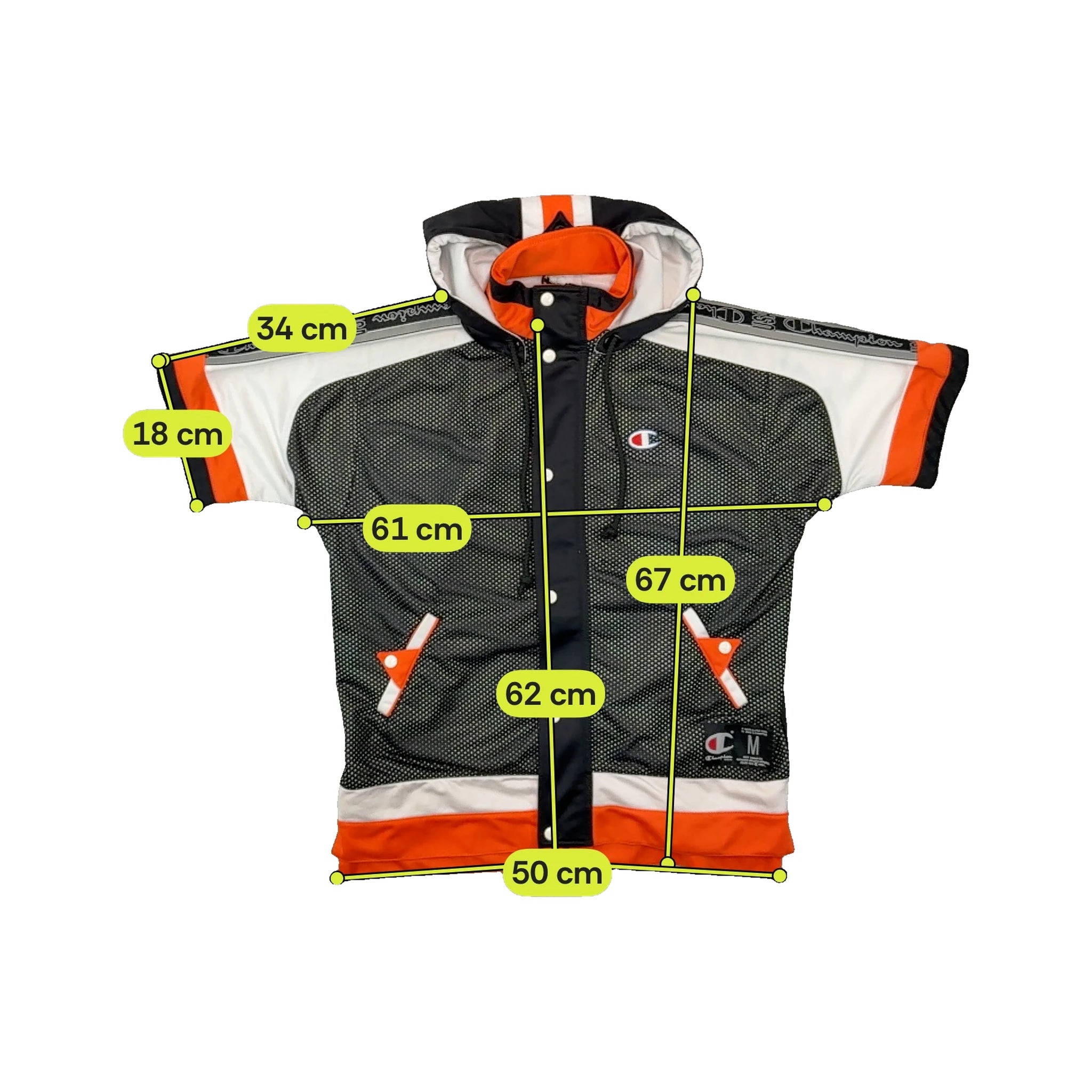 Champion Snap-Front Hooded Short Sleeve Windbreaker Jacket - Black/White/Orange