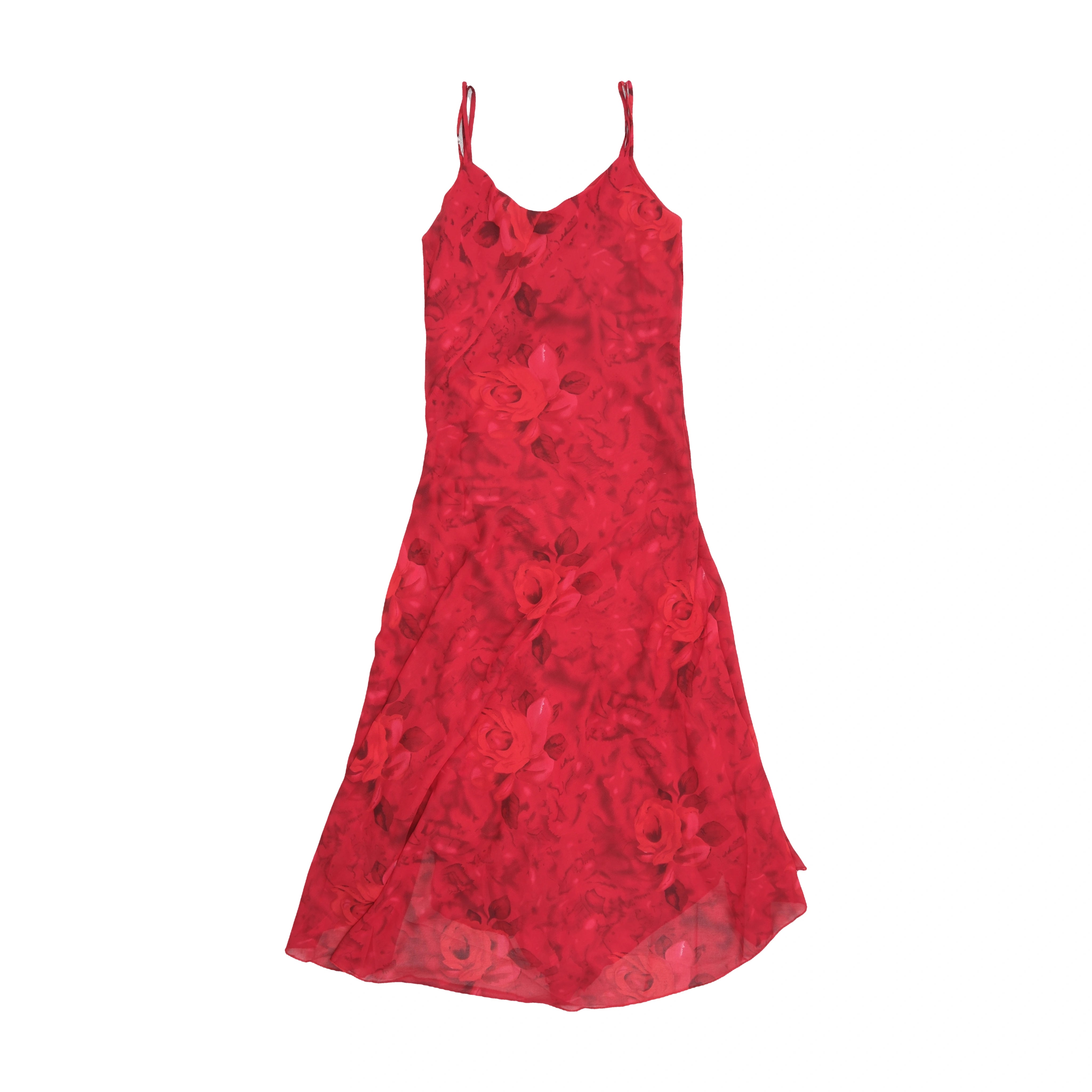 Asymmetrical Ruffled Hem Rose Floral Print Chiffon Slip Dress