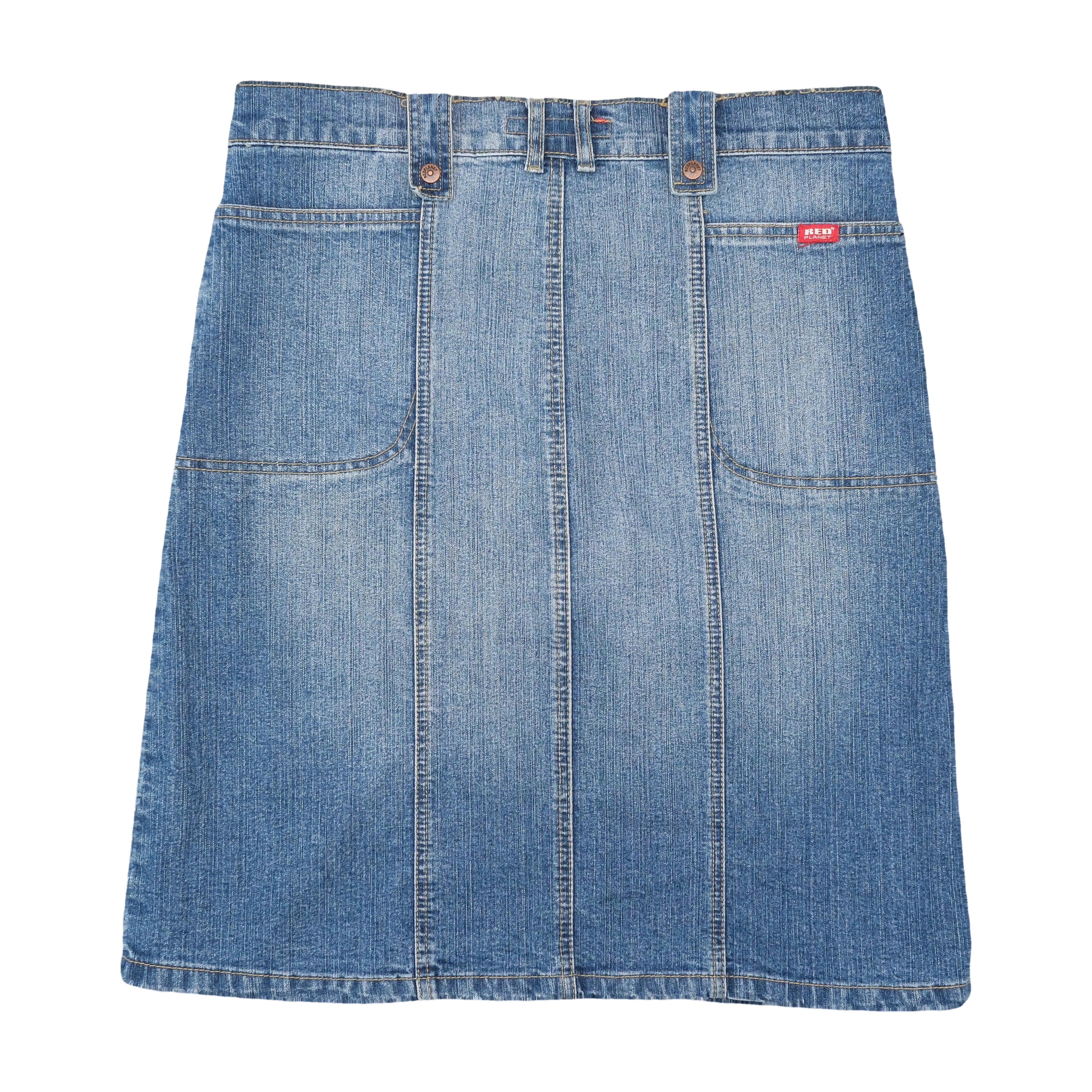 Red Planet Panelled Medium Wash Cotton Denim Utility Skirt