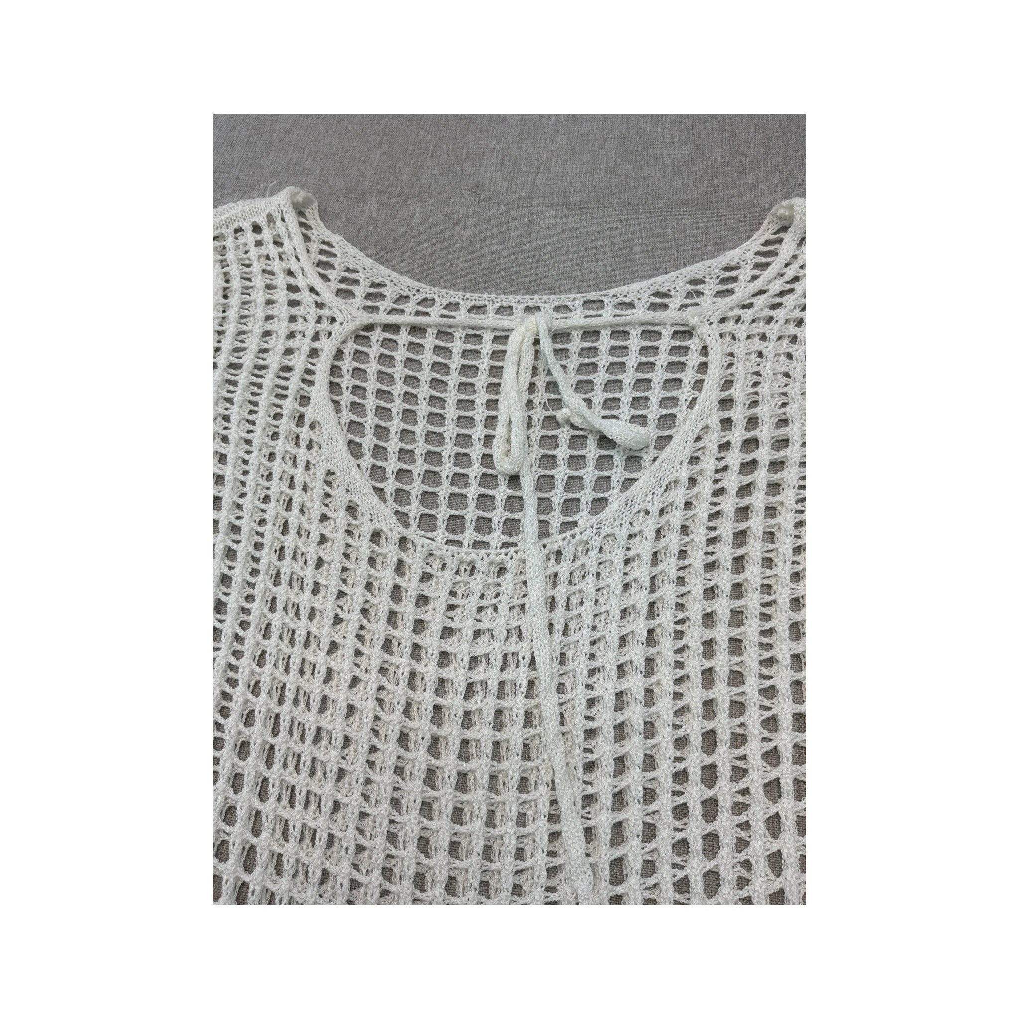 Vintage Open-Knit Grid Pattern Long-Sleeve Midi Dress
