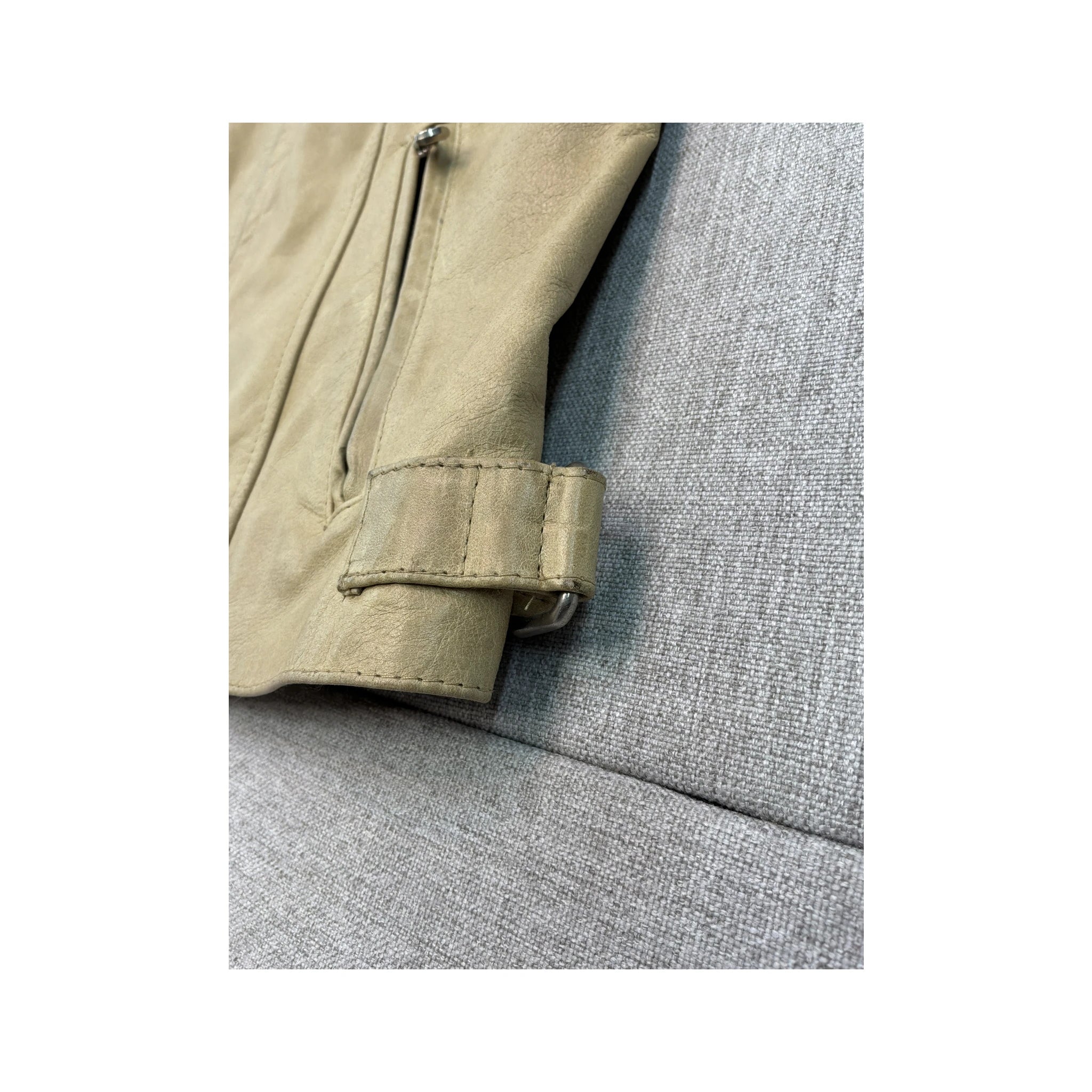 Vintage Beige Leather Moto Jacket with Black Racing Stripes