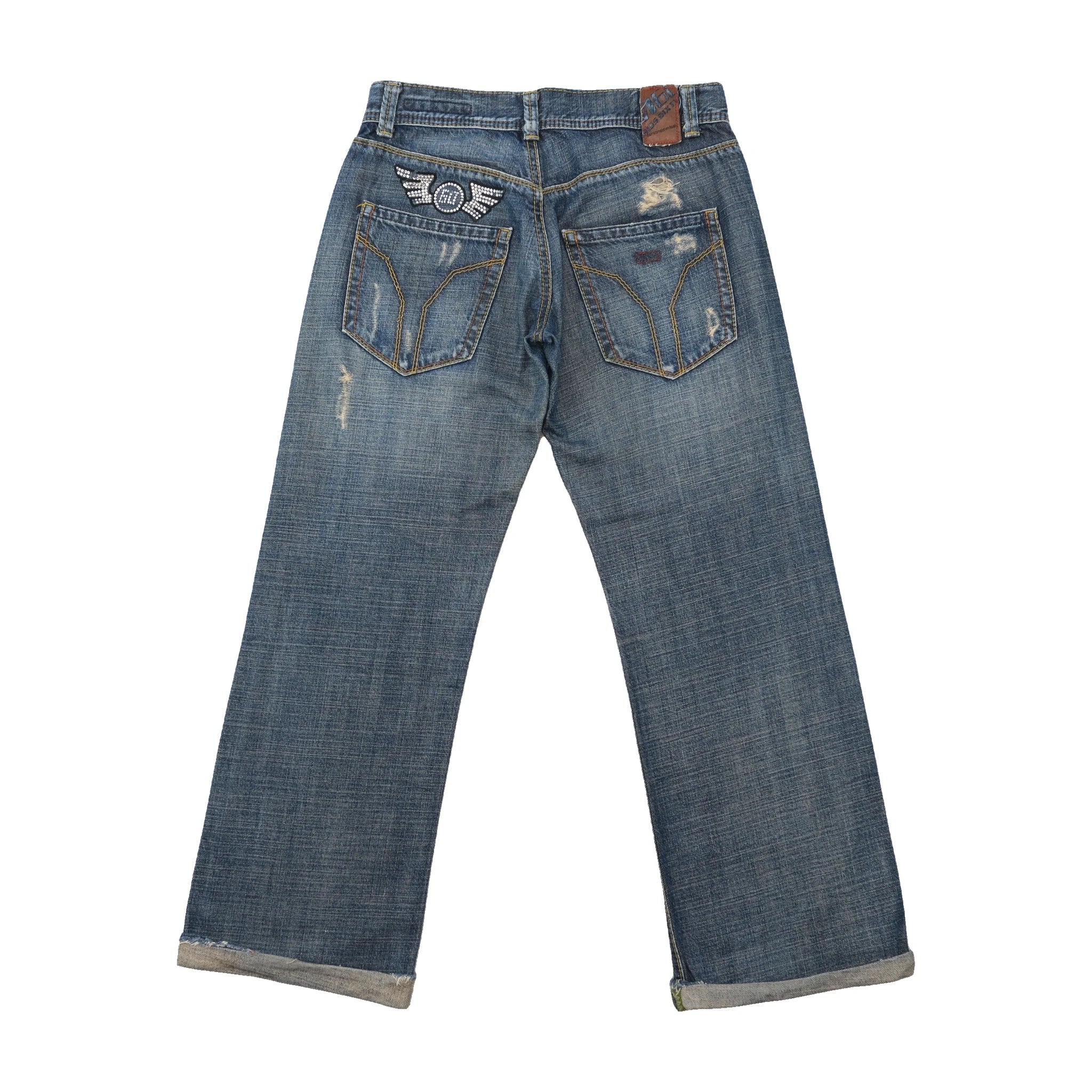Mish Mish Distressed Wing Patch Blue Denim Jeans