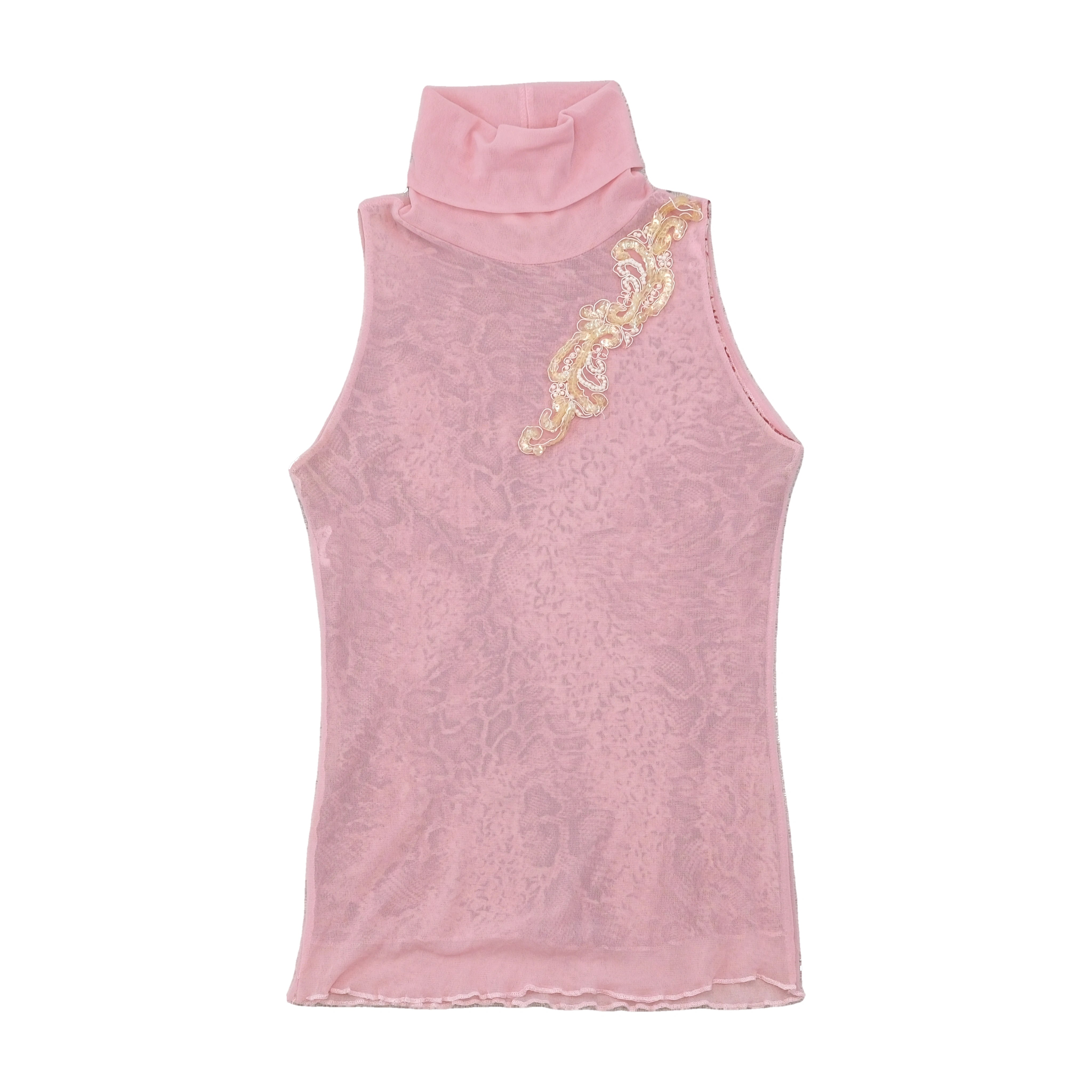 Top de alças Transparente vintage rosa em Rede com gola alta Adornada