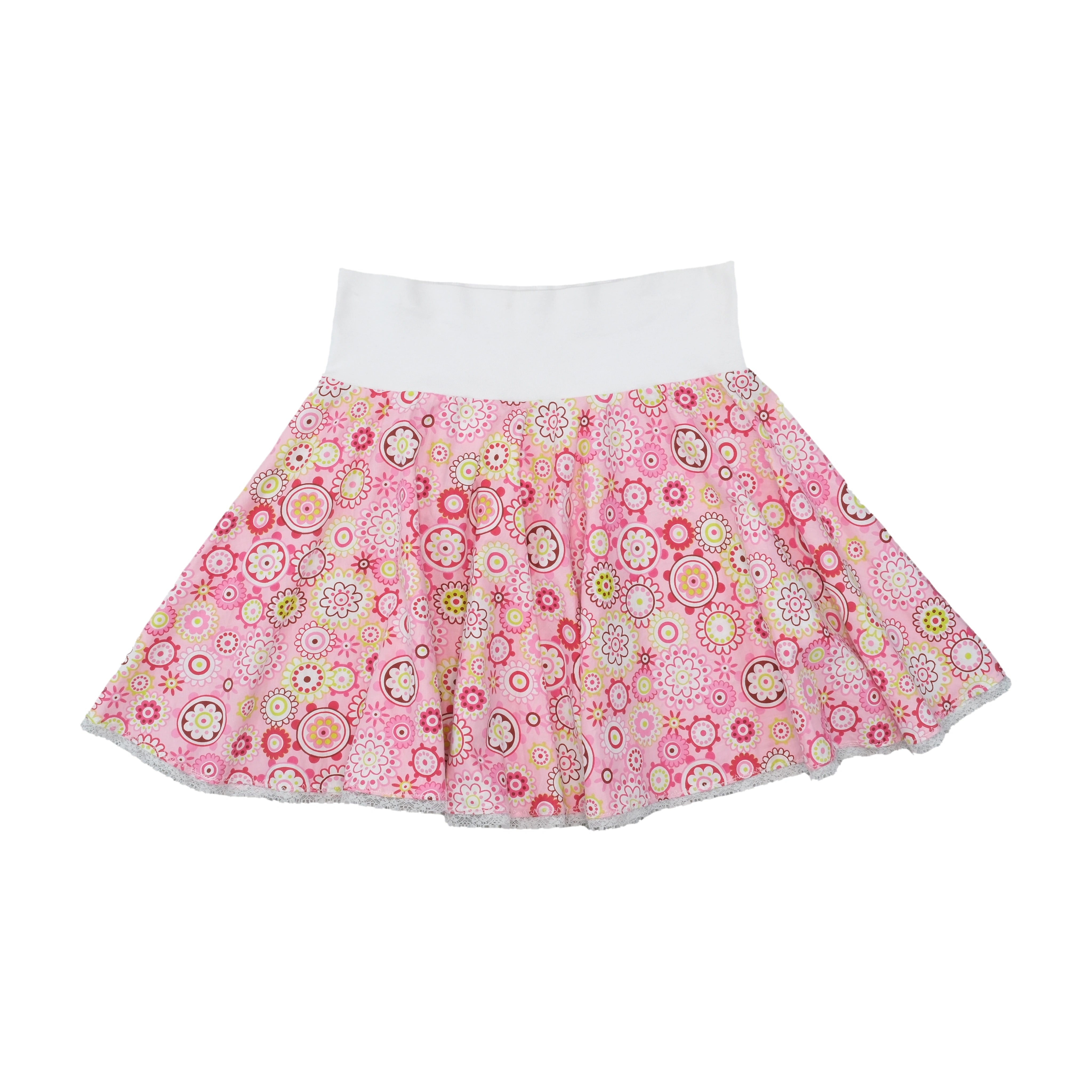 Retro Floral Print Cotton Circle Skirt with Contrast Elastic Waistband and Lace Trim