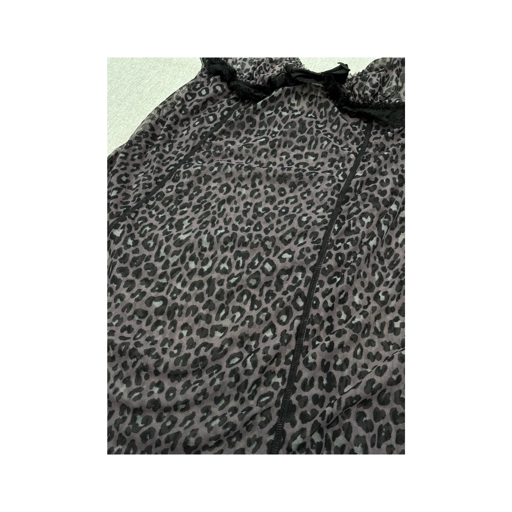 OshO Leopard Print Sheer Mesh Babydoll Slip Dress