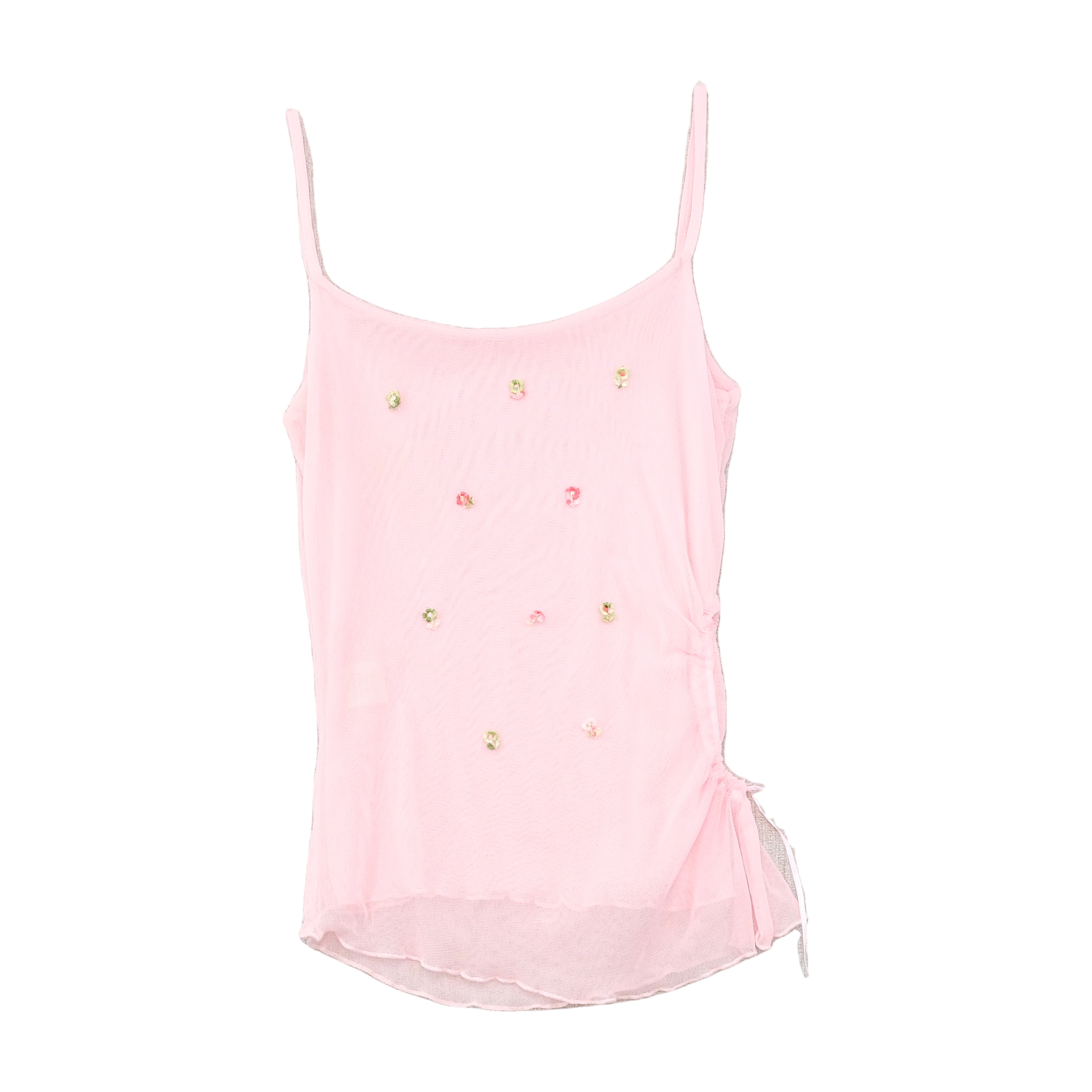 Top de alças Transparente rosa em Rede com Bordado floral