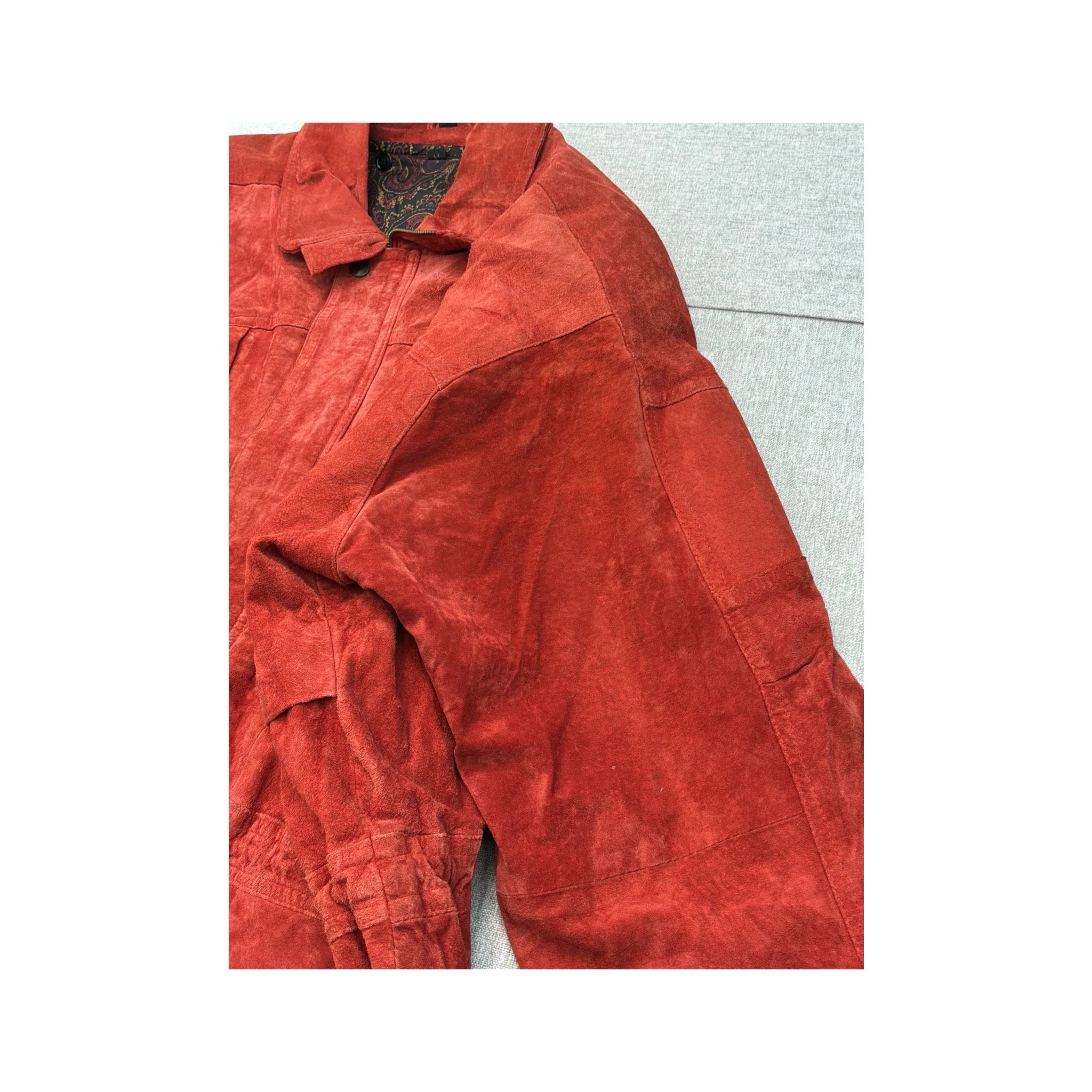 Red Suede Utility Jacket with Paisley Lining