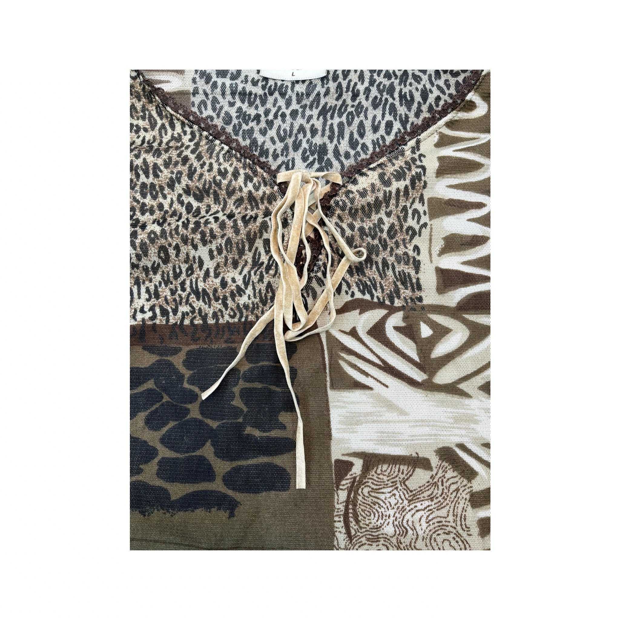 X-Mail Abstract Animal Print Lace-Up Mesh Blouse (Repriced)