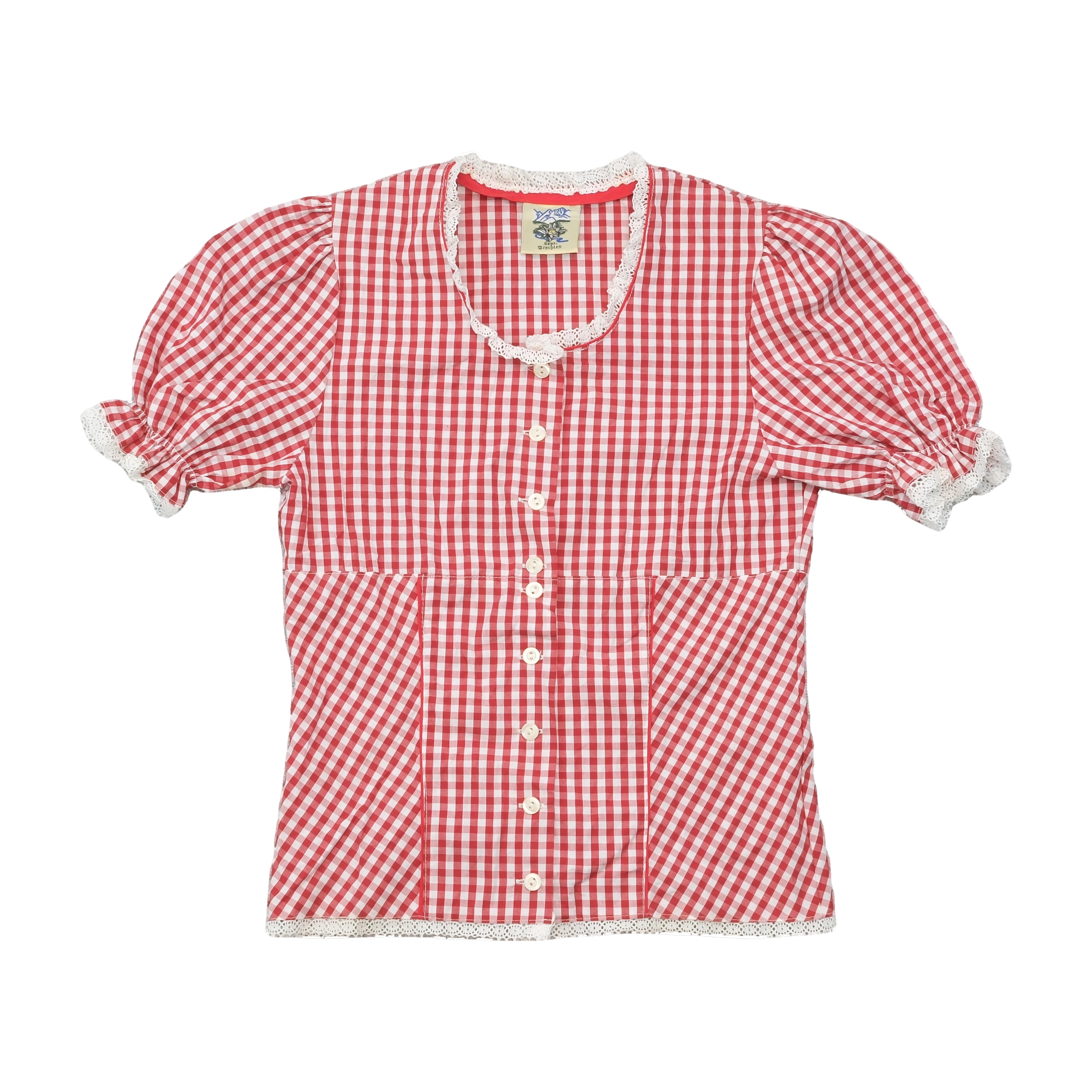 Vintage Red Gingham Puff Sleeve Cotton Blouse