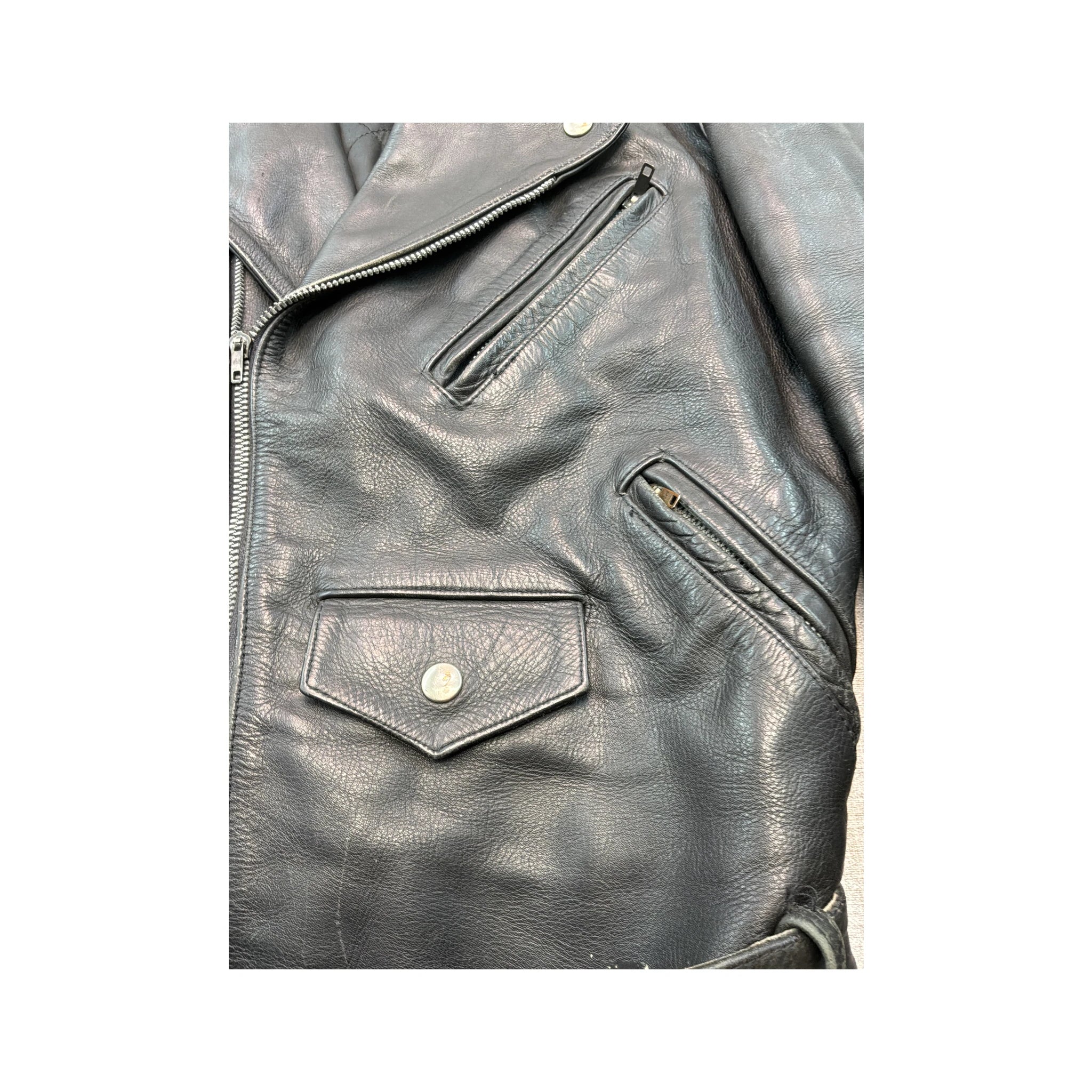 Vintage Black Leather Belted Moto Jacket