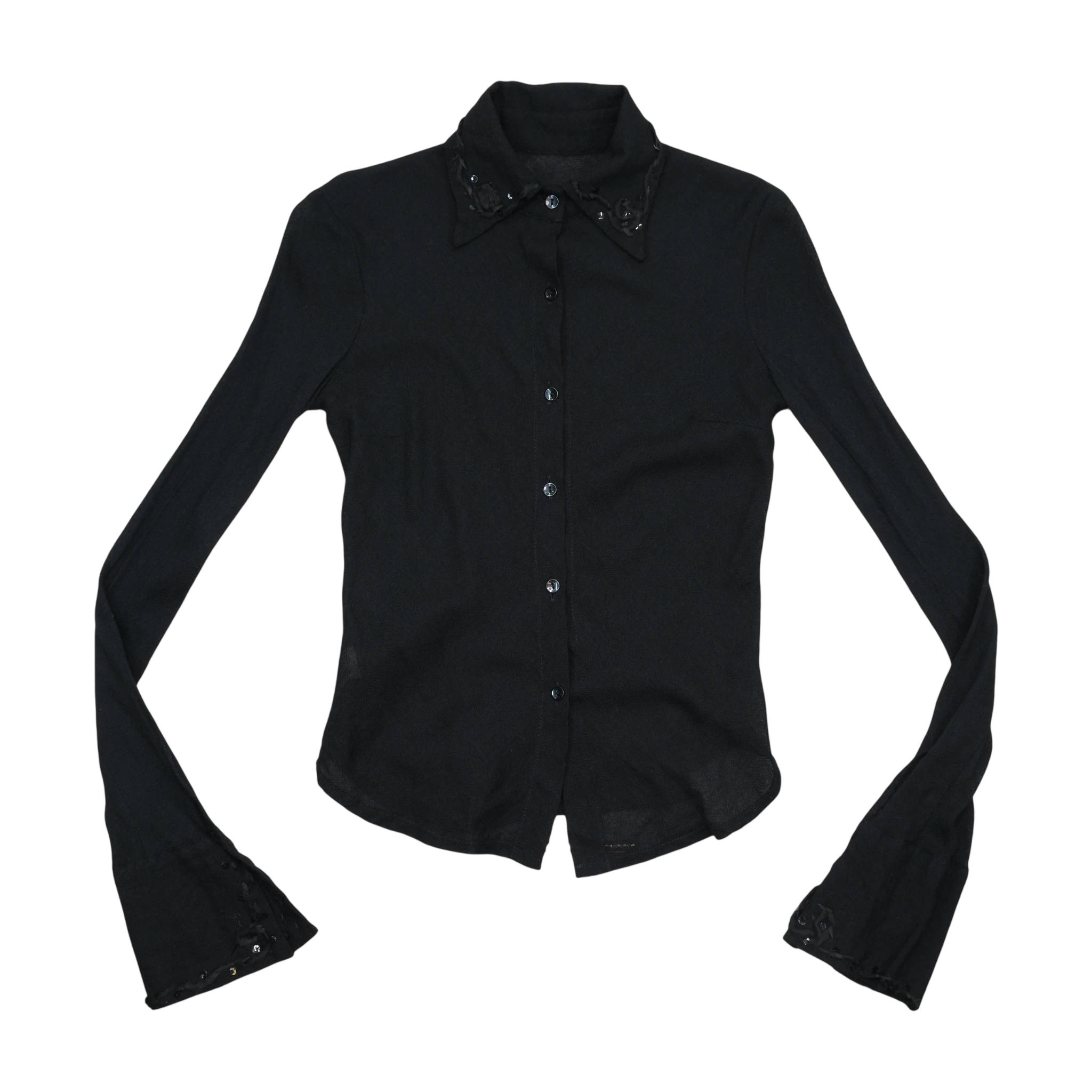 Camisa Transparente preta em Lã com Punhos com Acabamento em renda