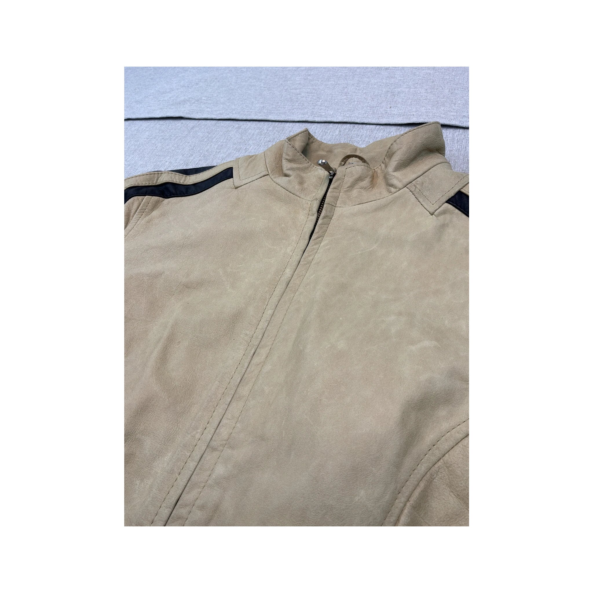 Vintage Beige Leather Moto Jacket with Black Racing Stripes