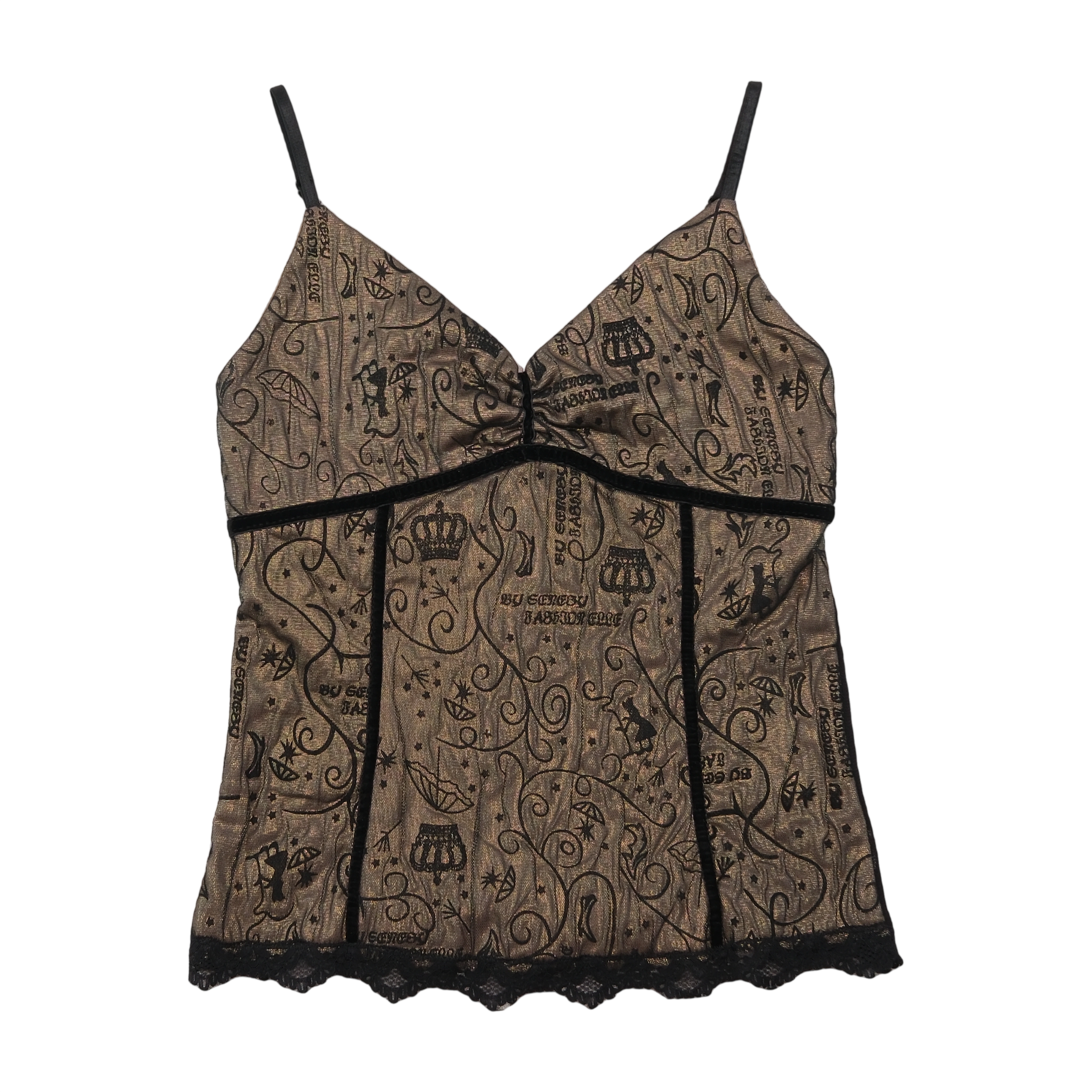 Vintage Sheer Crown Scroll Print Lace Trim Tank Top