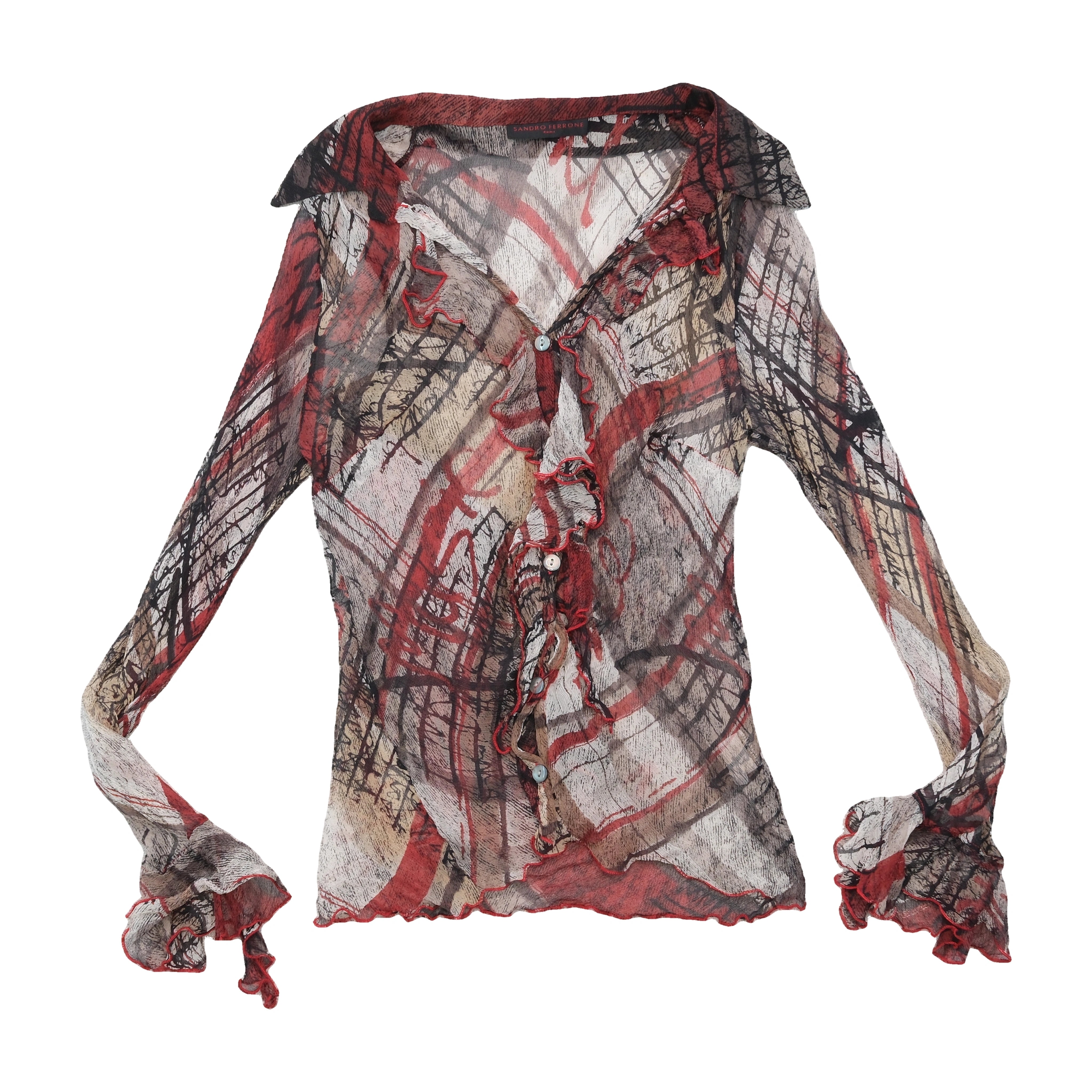 Sandro Ferrone Abstract Print Silk Ruffle Blouse
