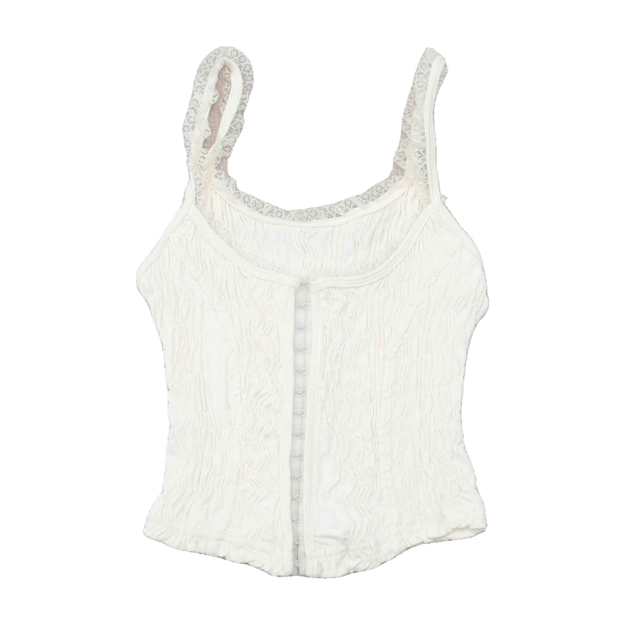 Top de alças vintage branco Texturado com renda e Fecho de Gancho