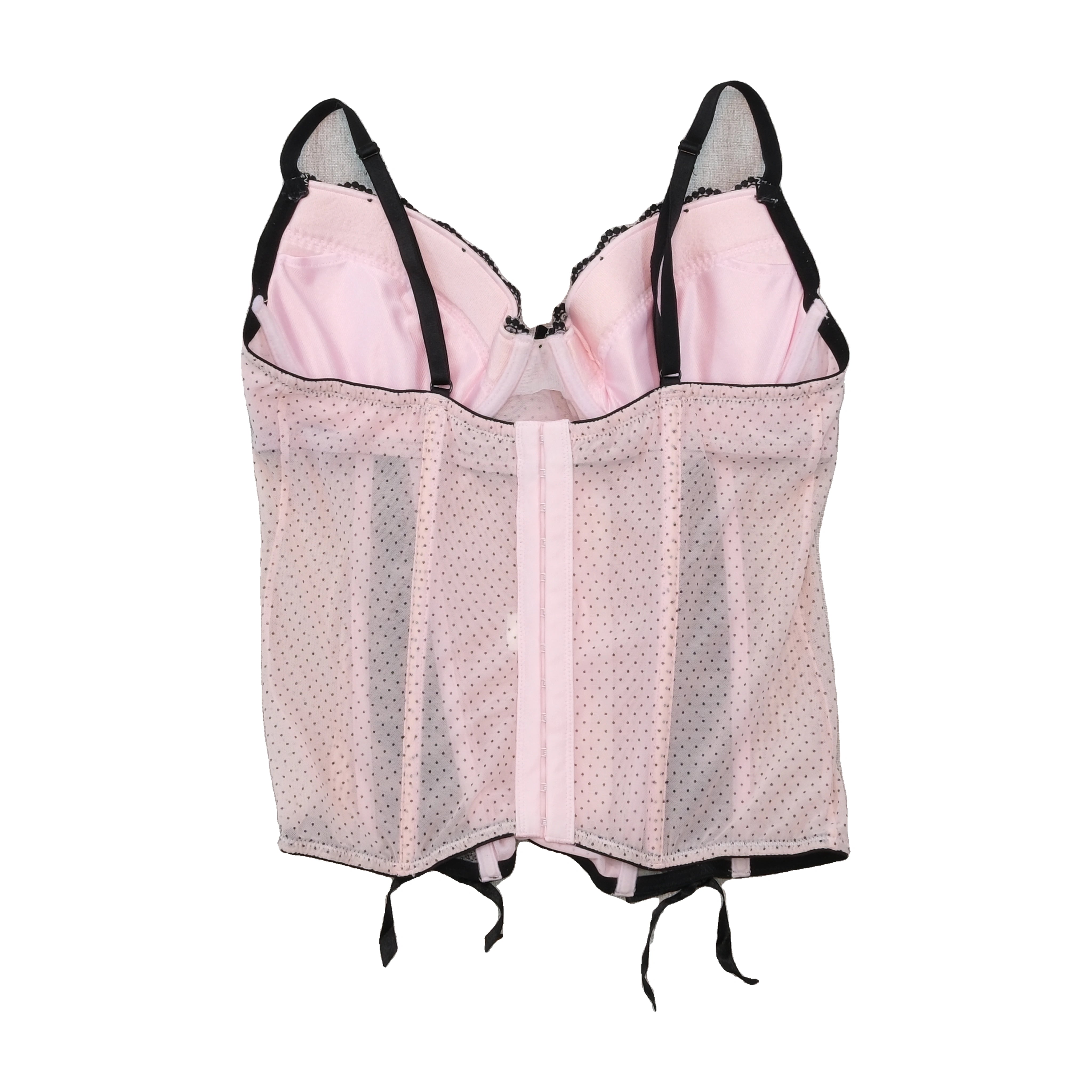 Vintage Pink Polka Dot Lace Trim Ribbon Lace-Up Bustier Tank Top