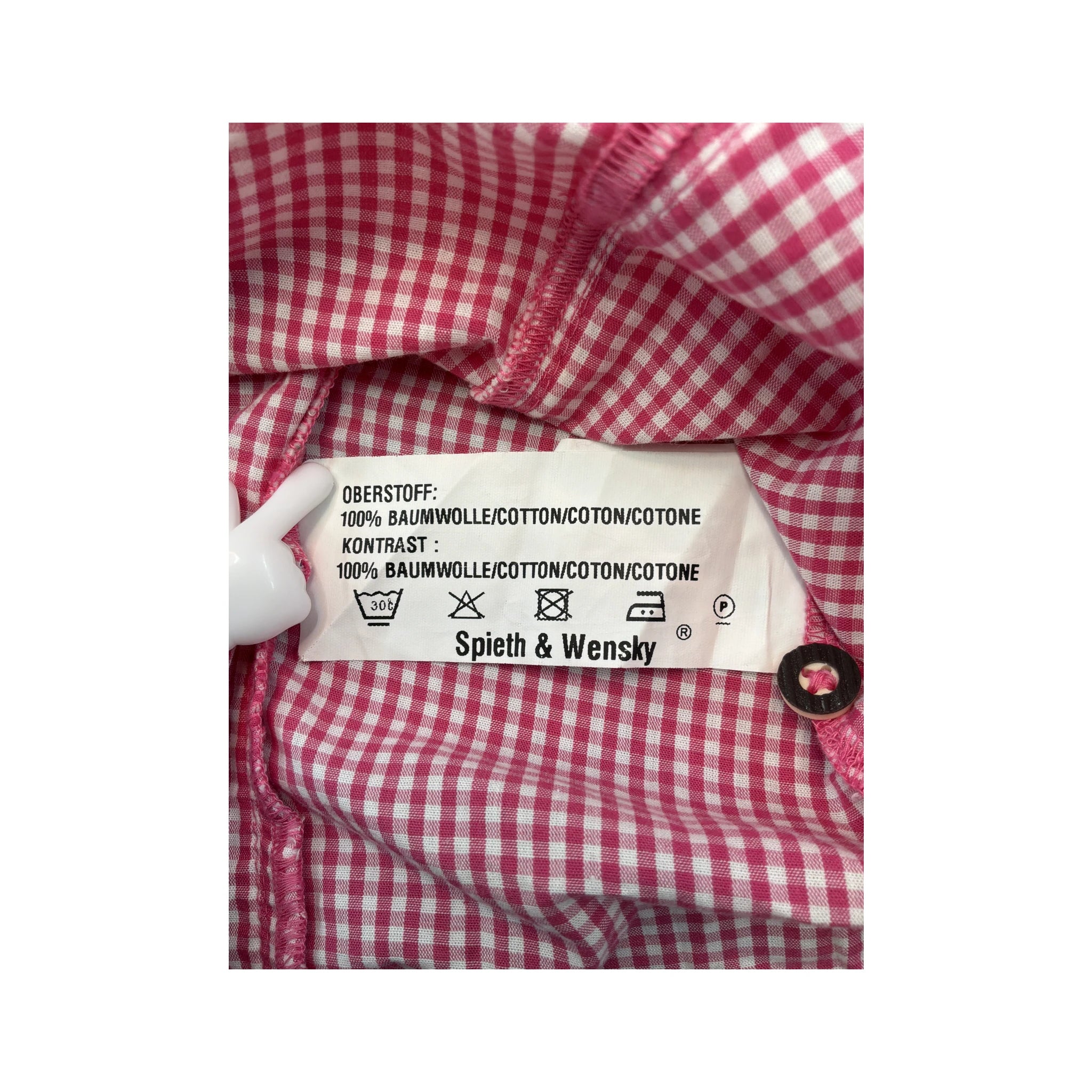 Blusa Landgewand em algodão Bordado rosa com xadrez Vichy e Acabamento em renda