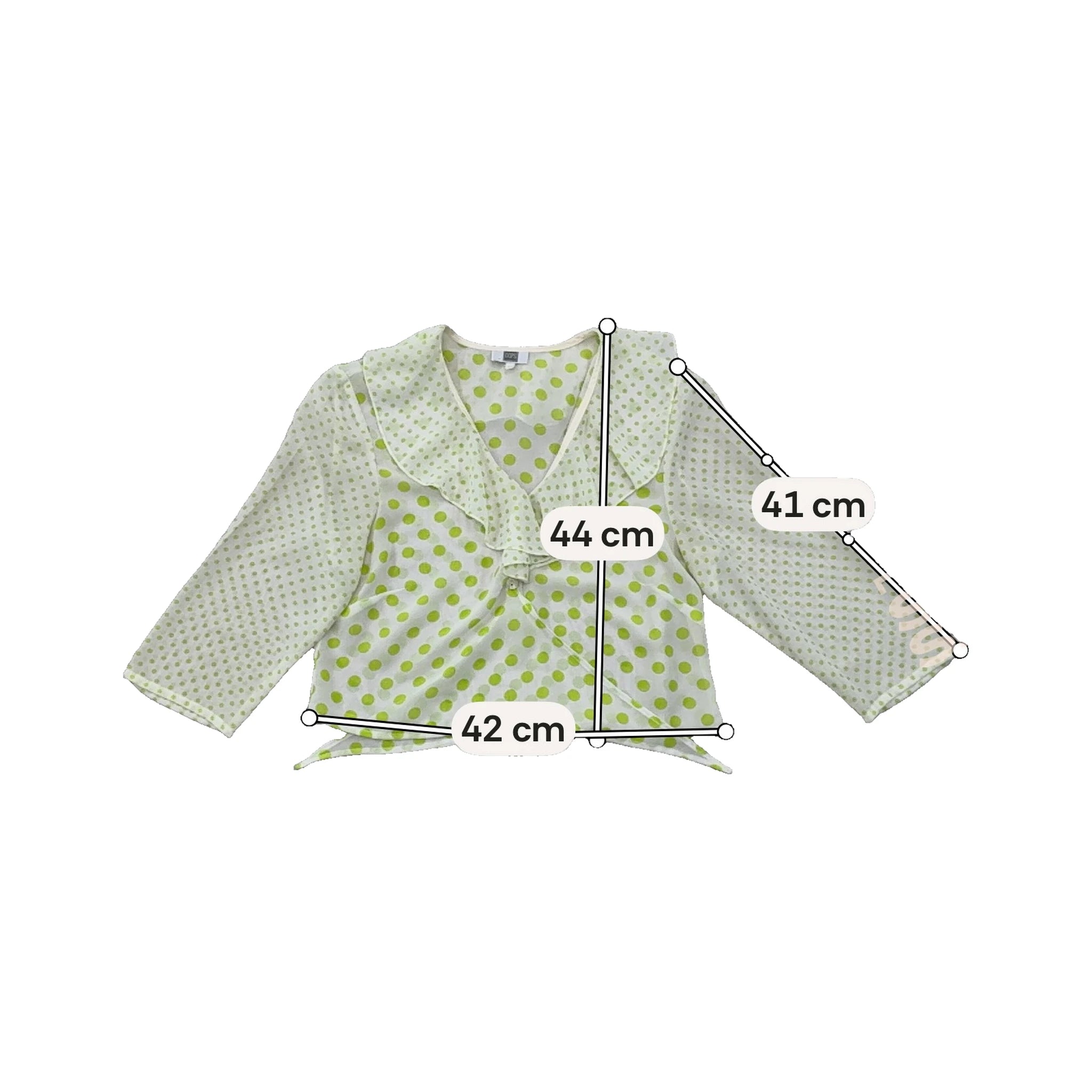 White & Lime Green Polka Dot Tie-Front Ruffle Collar Blouse